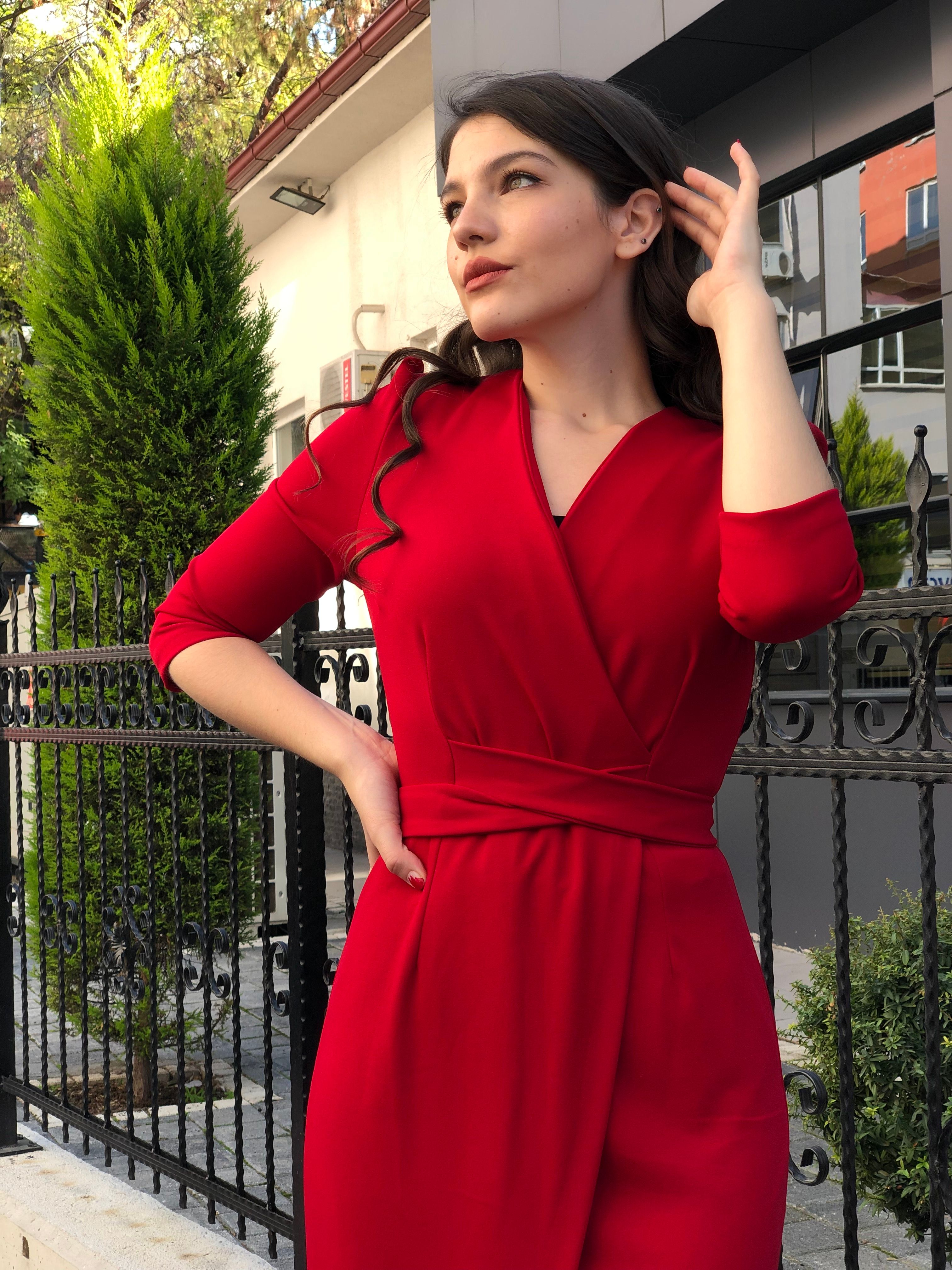 Kadın Kırmızı Kruvaze Anvelop Truvakar Krep Elbise