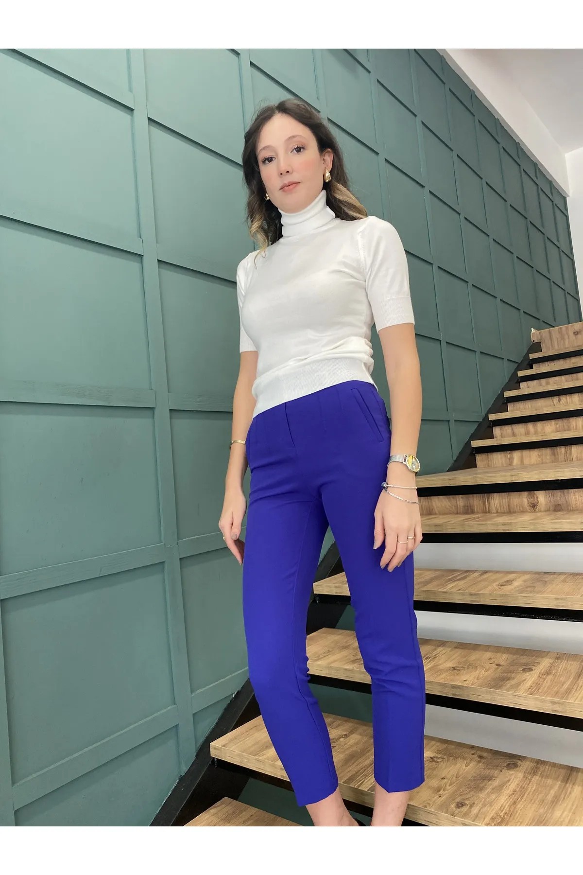 Kadın Yüksek Bel Pantolon - Saks Mavisi