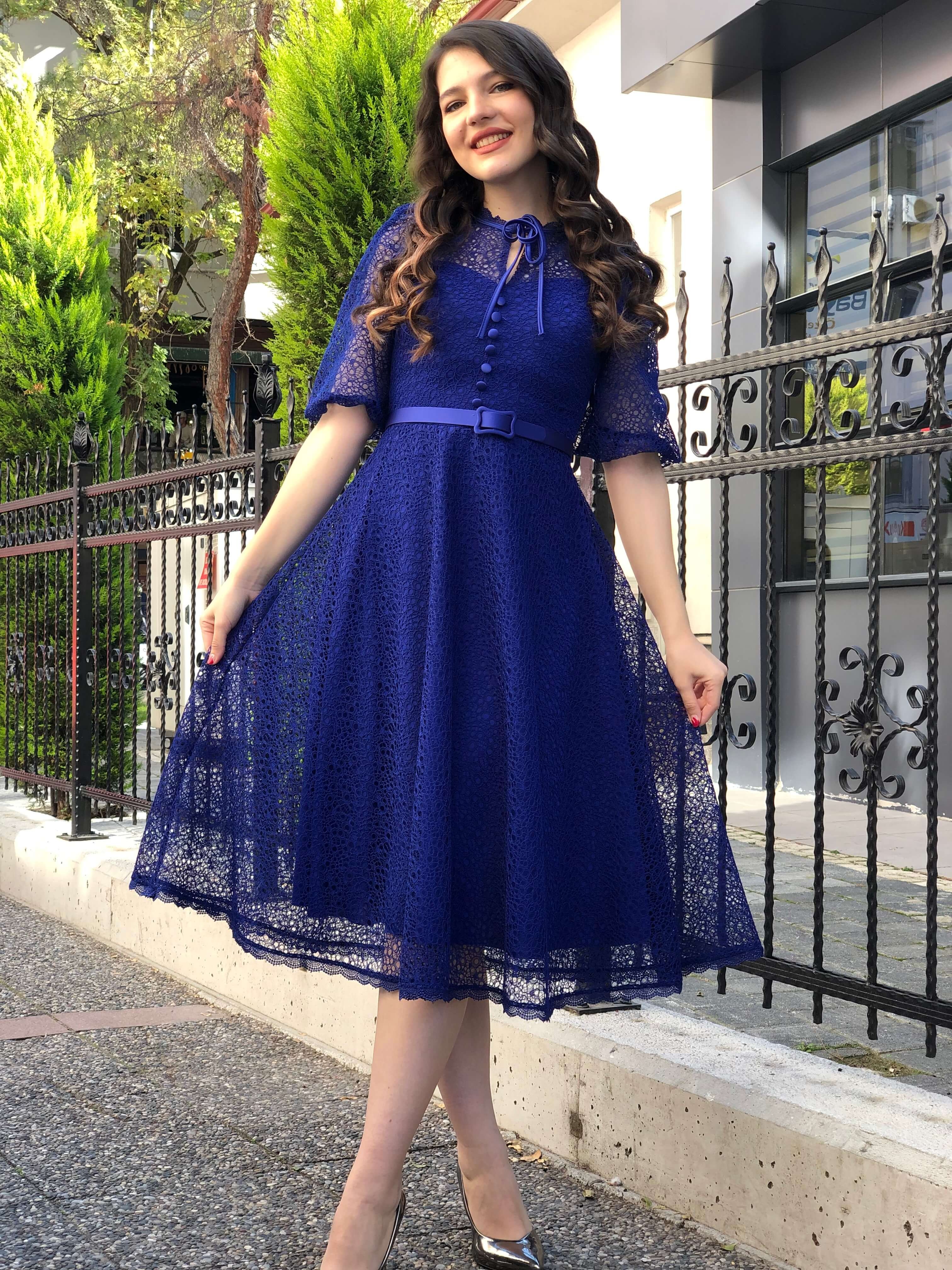 Kadın Güpür Dantel Kemerli Elbise - Saks Mavisi