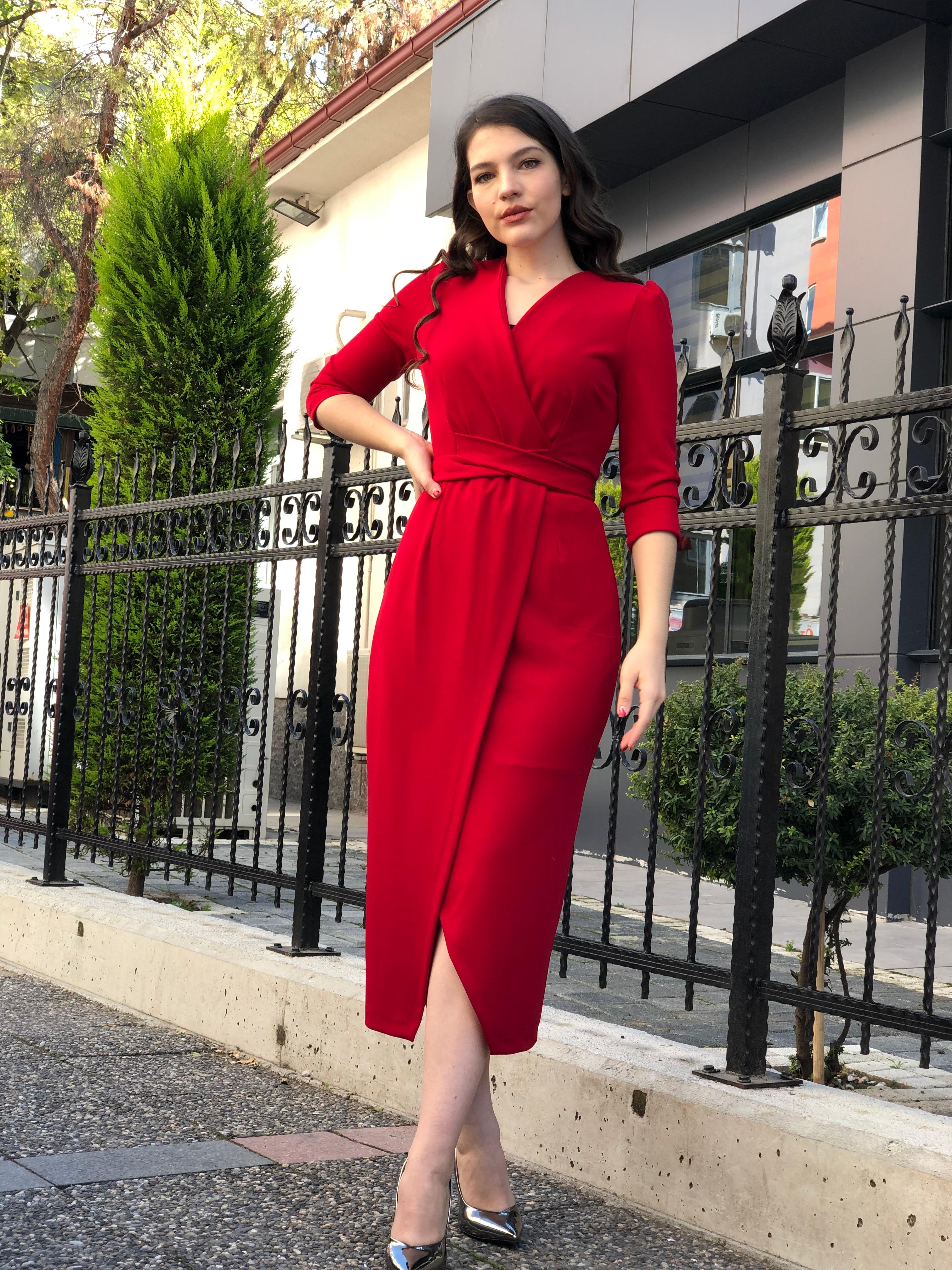 Kadın Kırmızı Kruvaze Anvelop Truvakar Krep Elbise