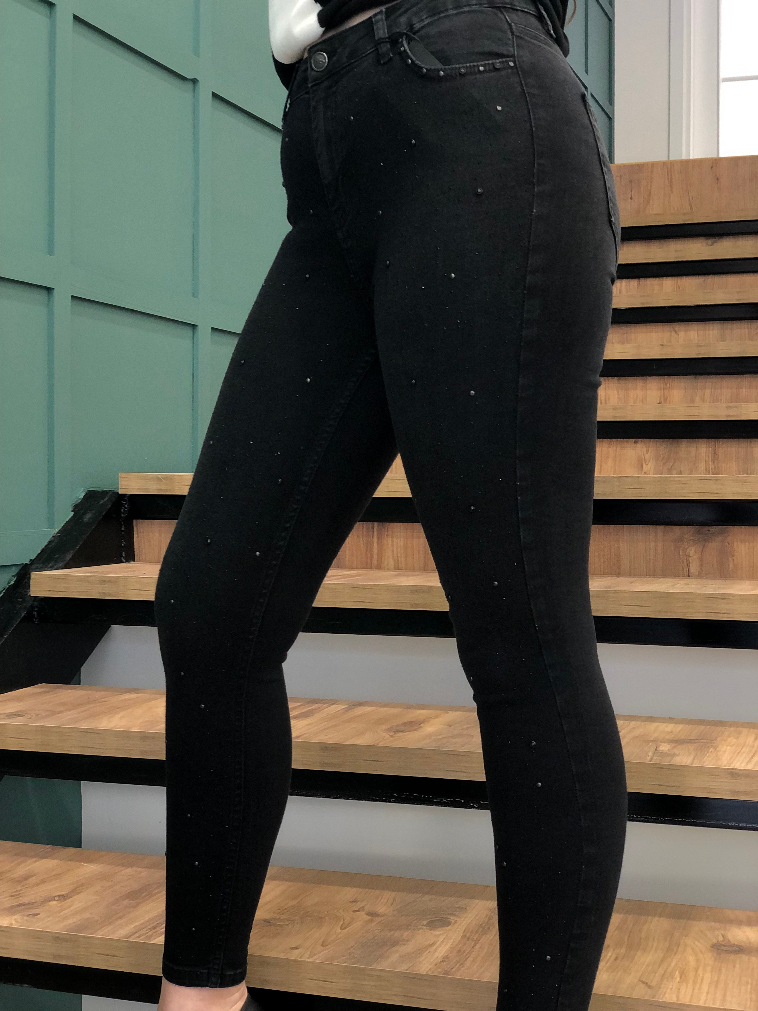 Kadın Antrasit Yüksek Bel Esnek Taşlı Skinny Kot Pantolon