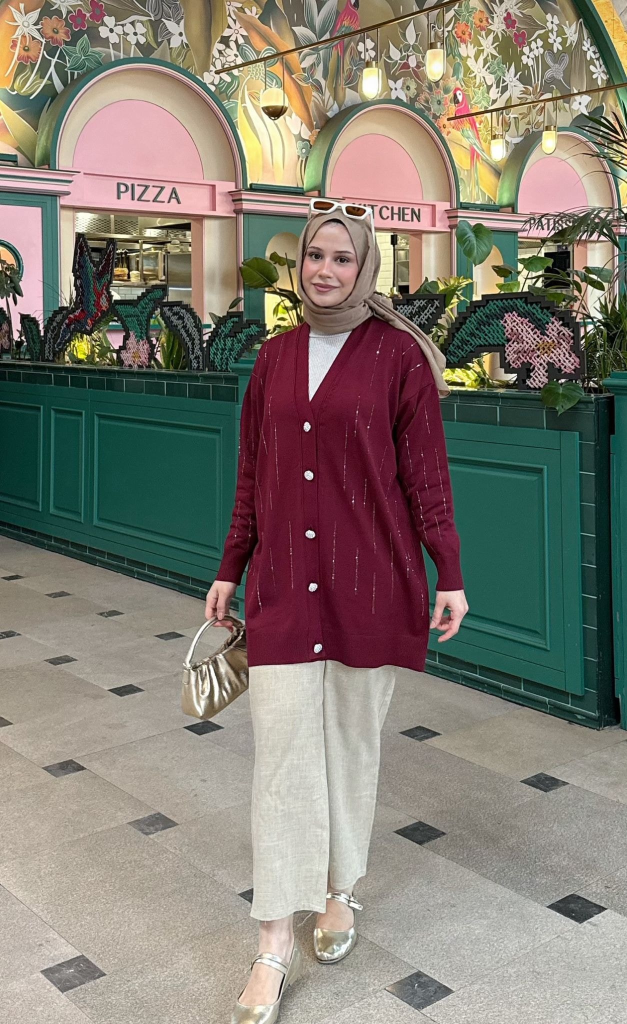 Taşlı Merserize Hırka Bordo