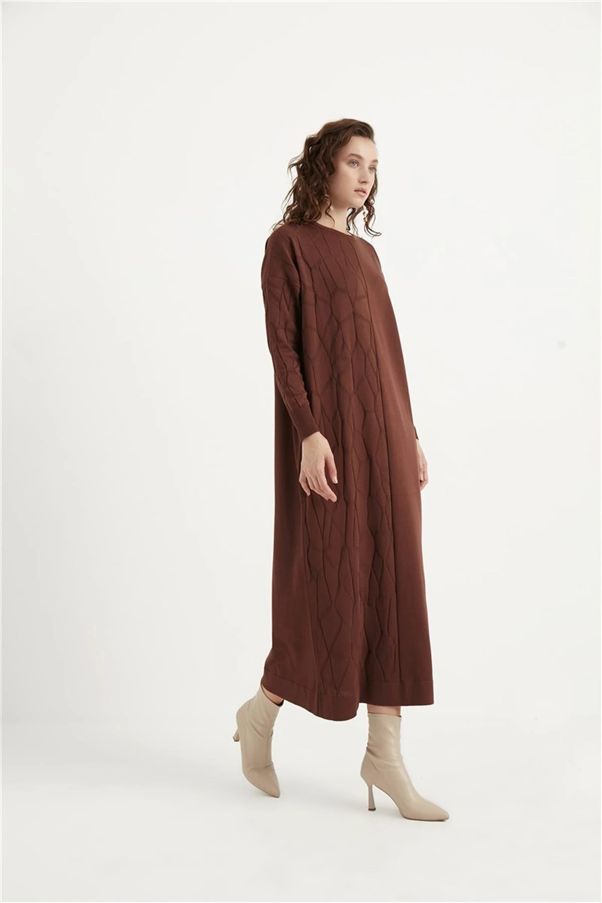 Side Merserize Elbise Kahverengi