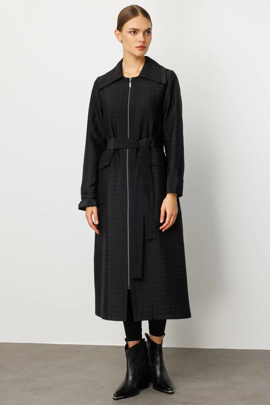 Jakar Kapitone ve Düz Garni Kumaşlı İçi Komple Astarlı Trench Kap