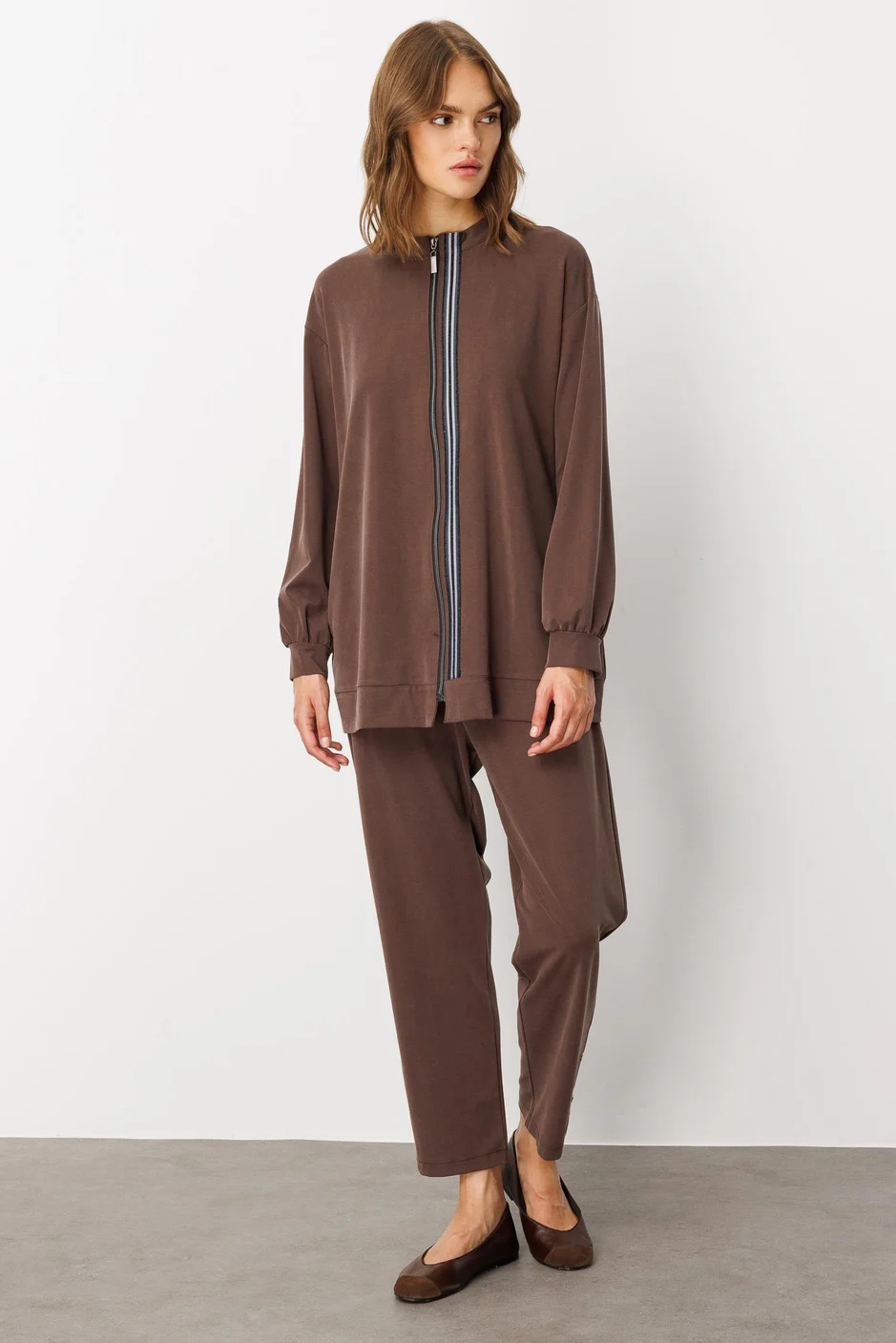 Soft Örme Miccell (%55 doğal) İçerik Dokuma Ön Garni Pantalon Takım - Kahverengi