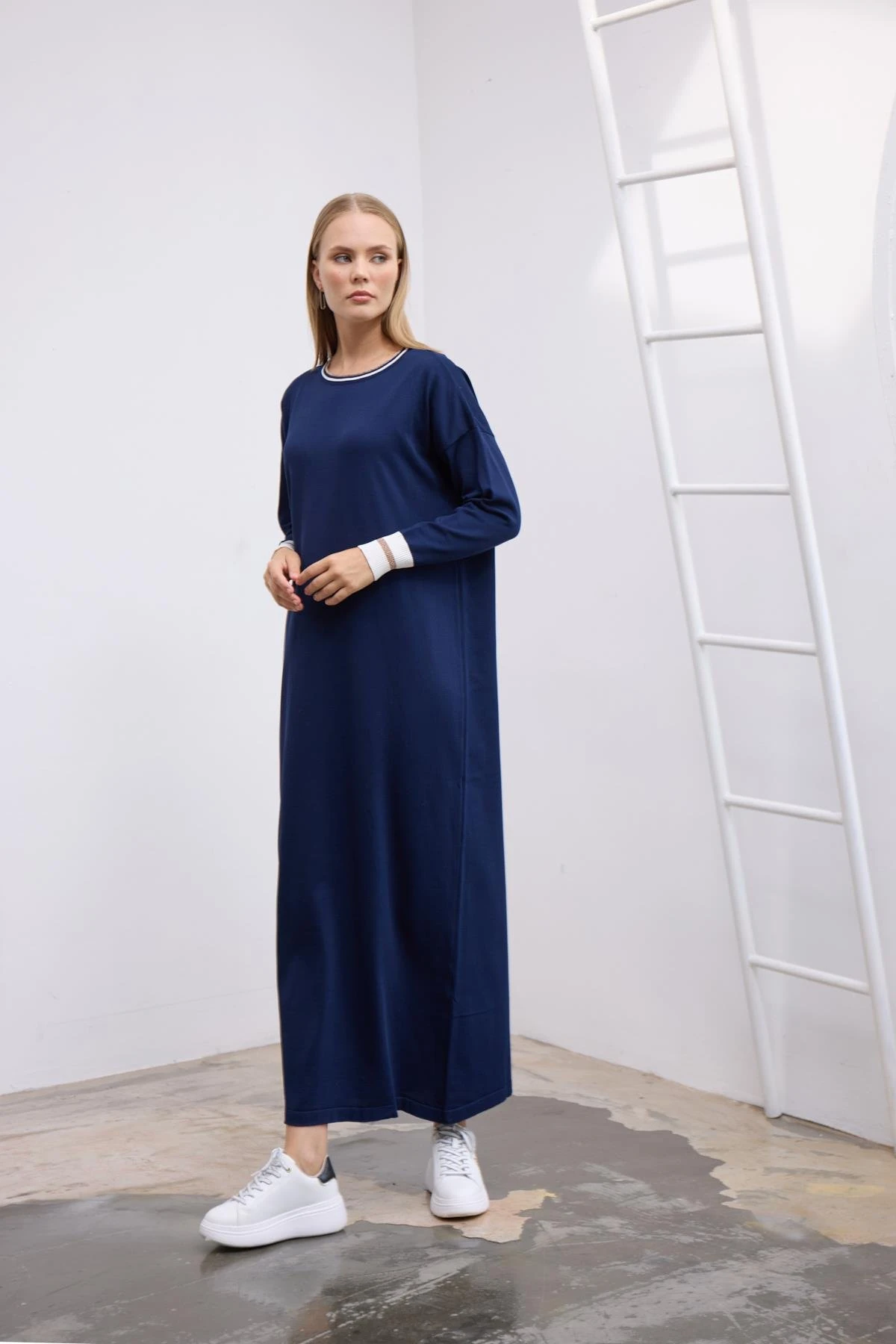 Ribanalı Triko Elbise Koyu Lacivert