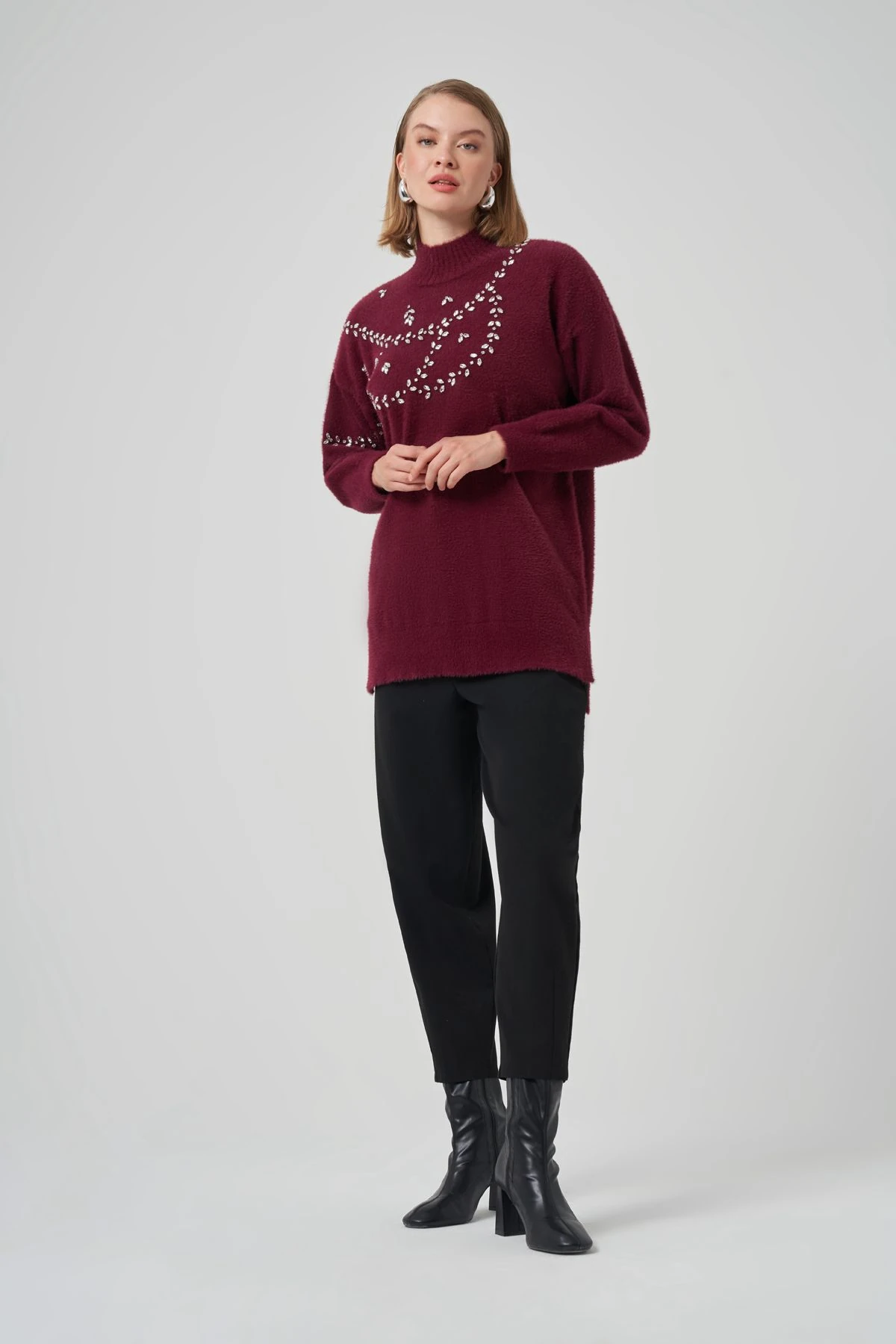 Nuss 7002 Ön Taş İşlemeli Angora Tunik  - BORDO