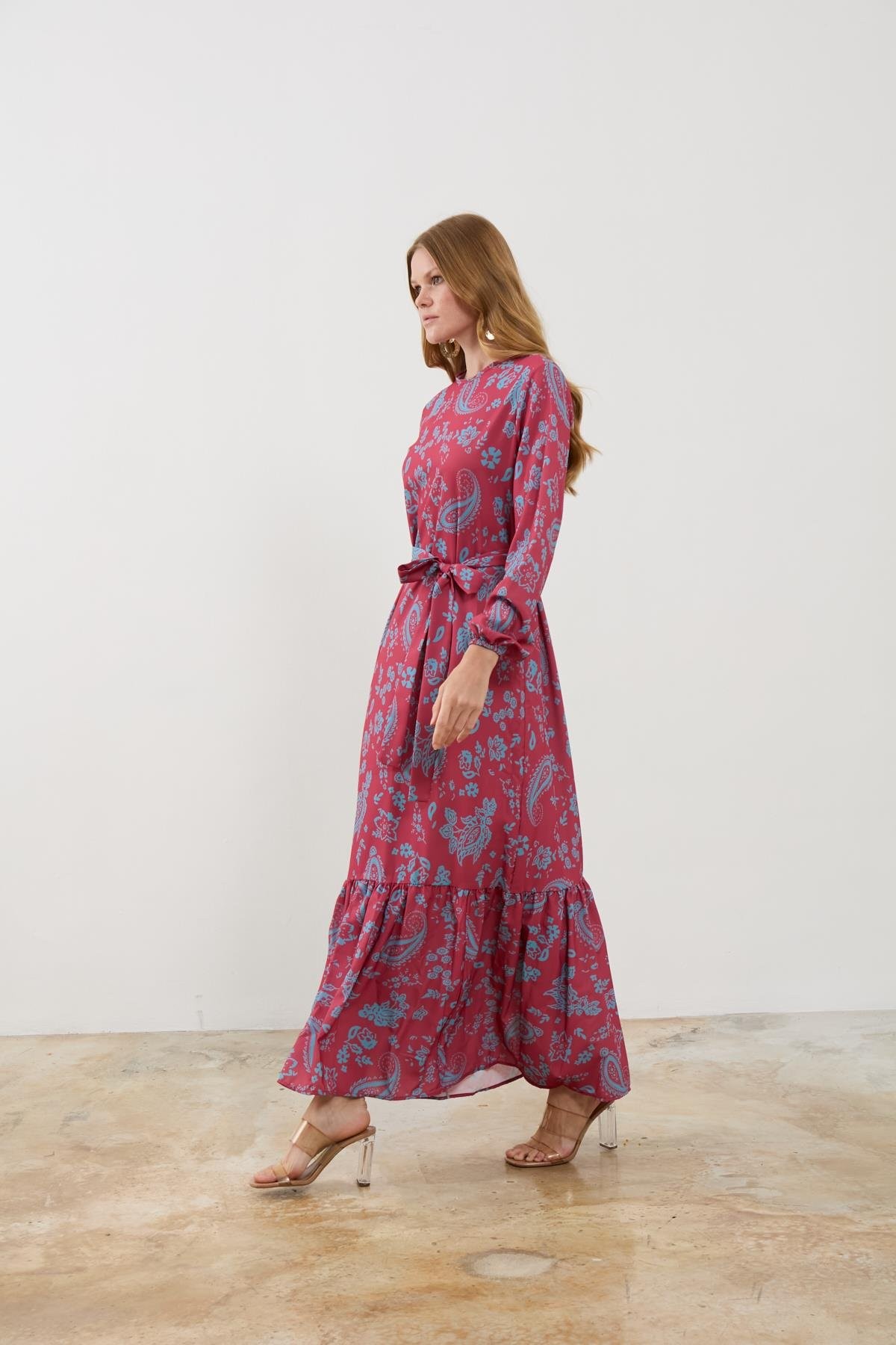 Pita Desenli Elbise-Bordo