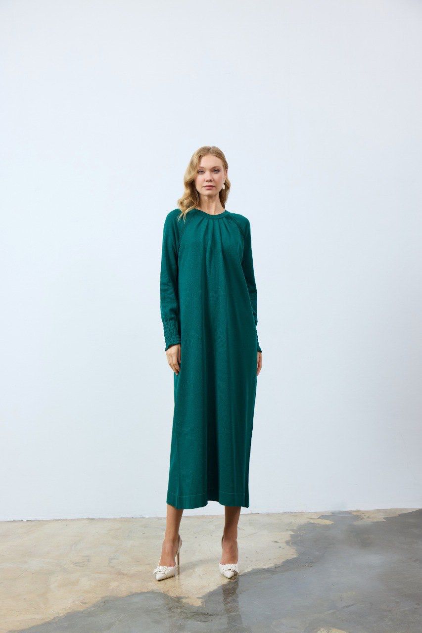 Büzgü Merserize Elbise Zümrüt