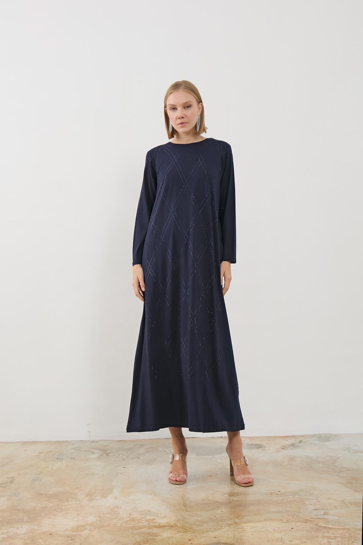 Lena Baklava Desen Elbise-Lacivert