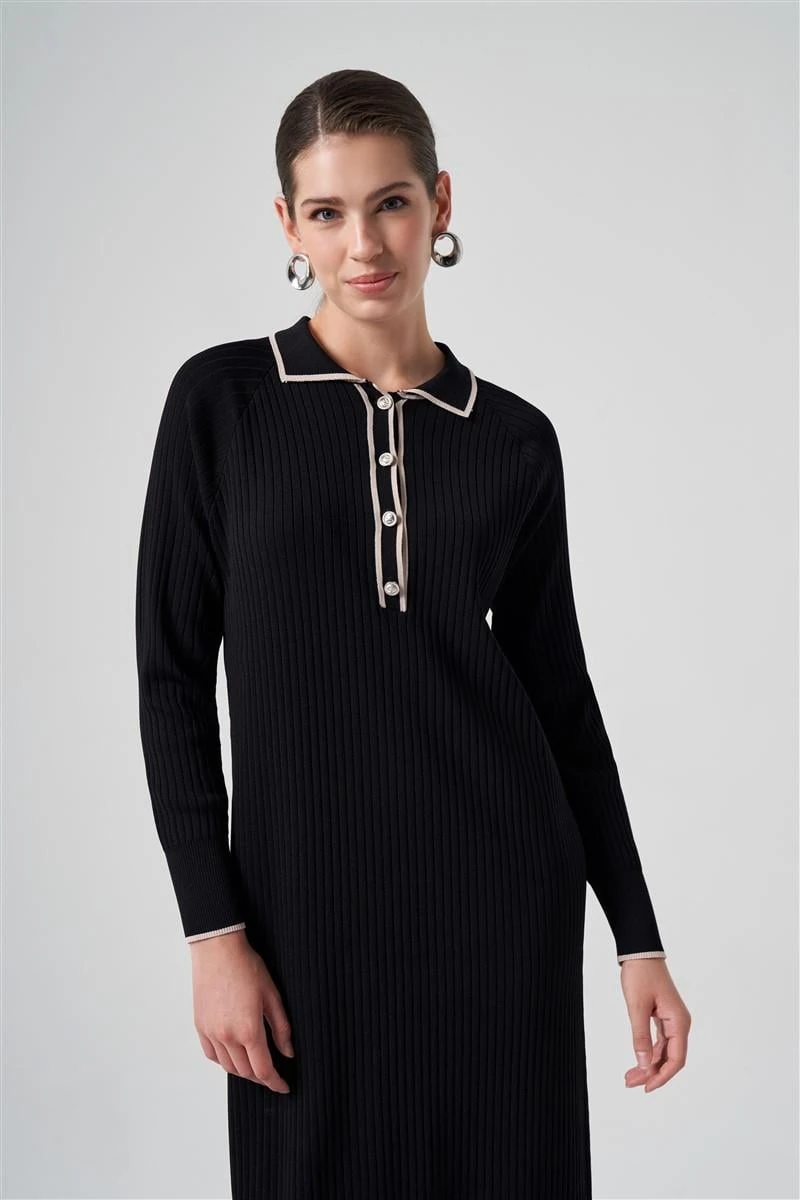 Polo Yaka Nus Elbise-Siyah