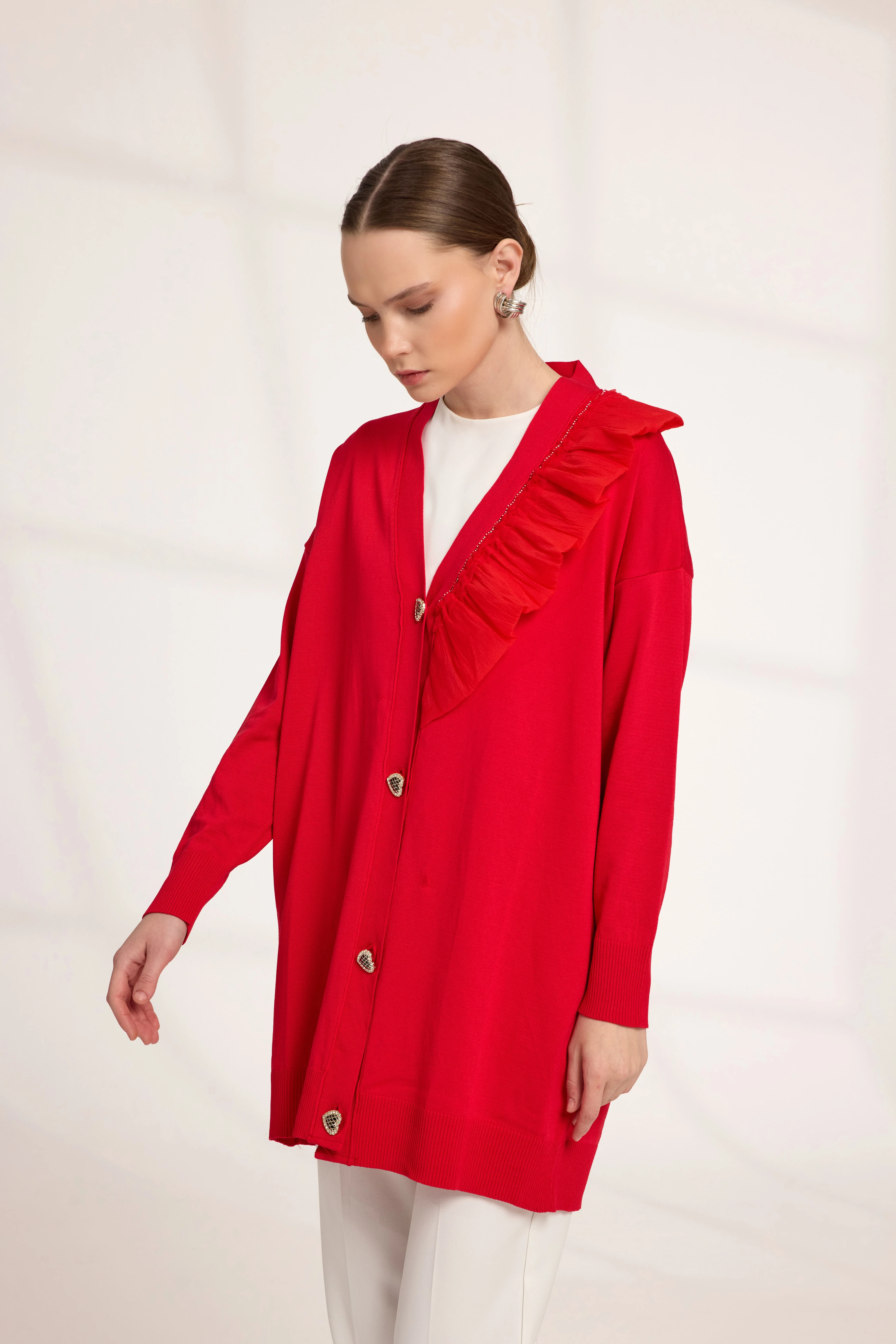 Kalp Düğmeli Hırka Kırmızı