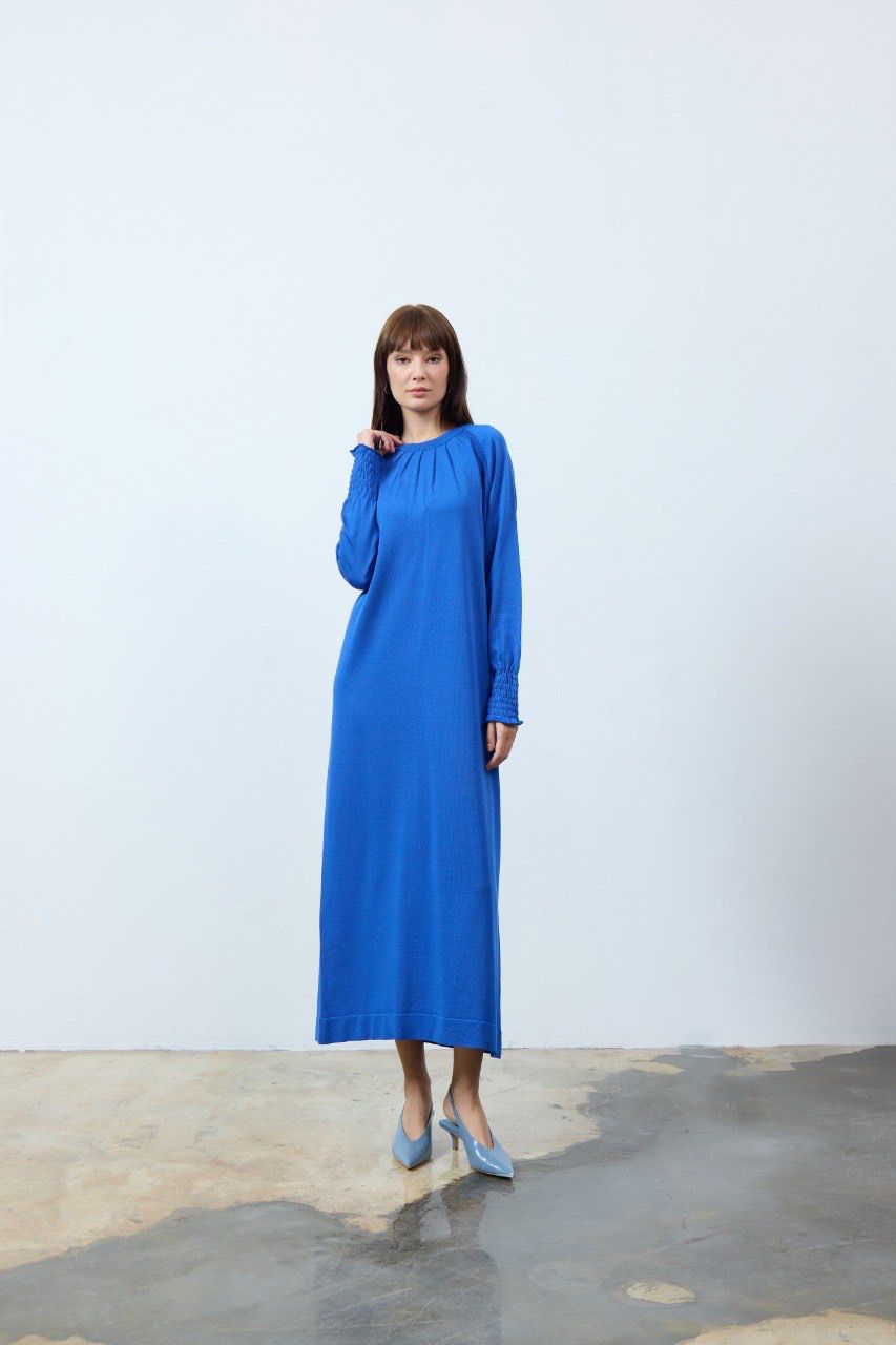 Büzgü Merserize Elbise Saks