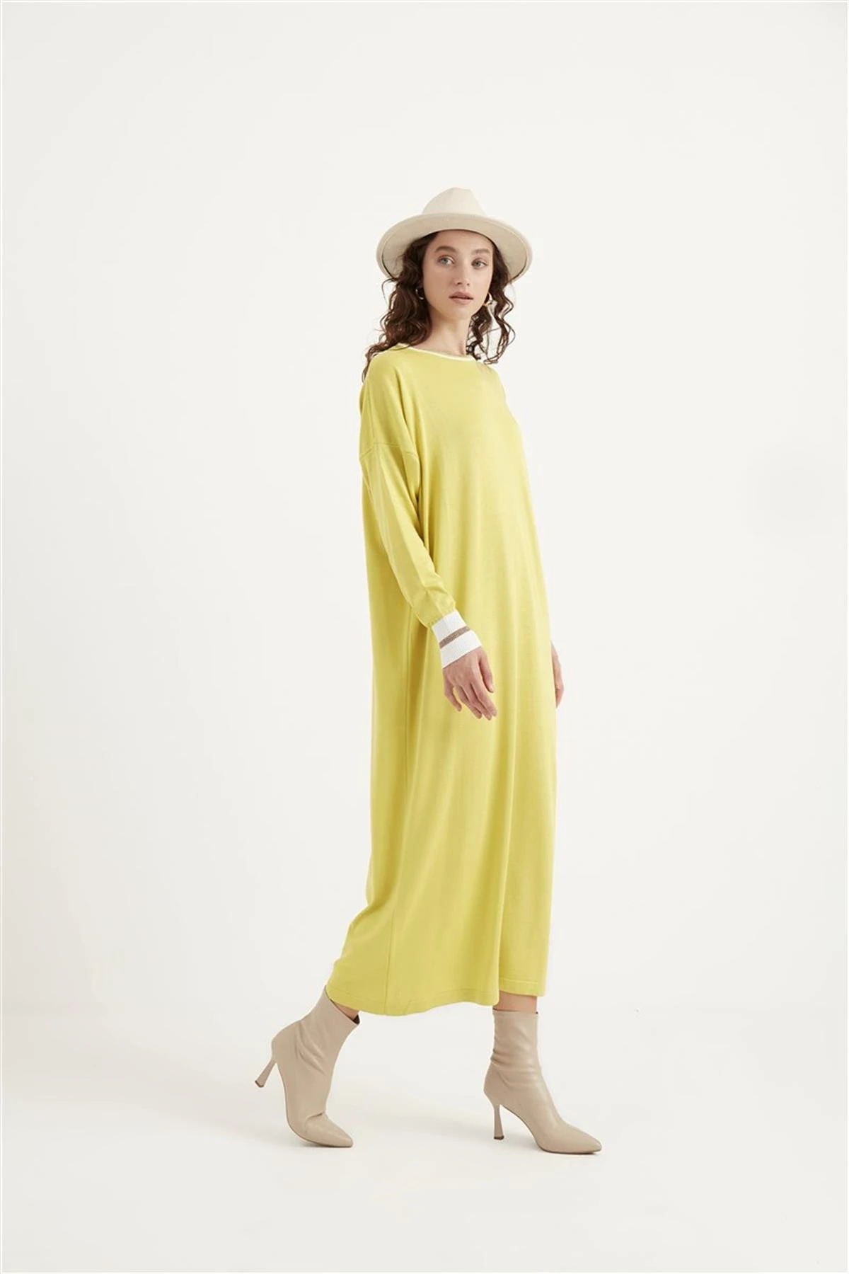 Ribanalı Triko Elbise Yağ Yeşili