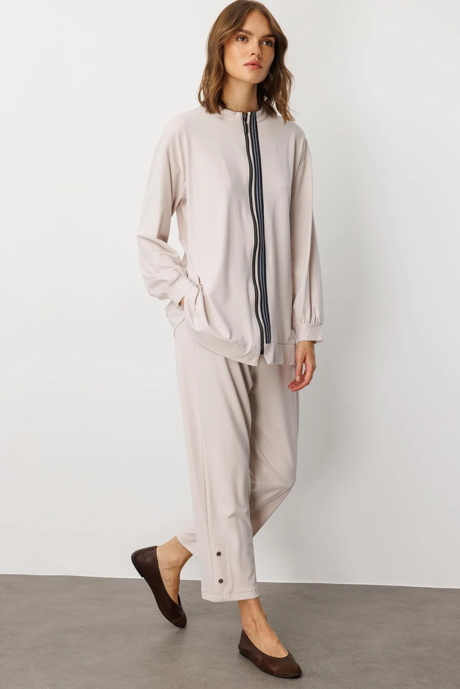 Soft Örme Miccell (%55 doğal) İçerik Dokuma Ön Garni Pantalon Takım - TAŞ