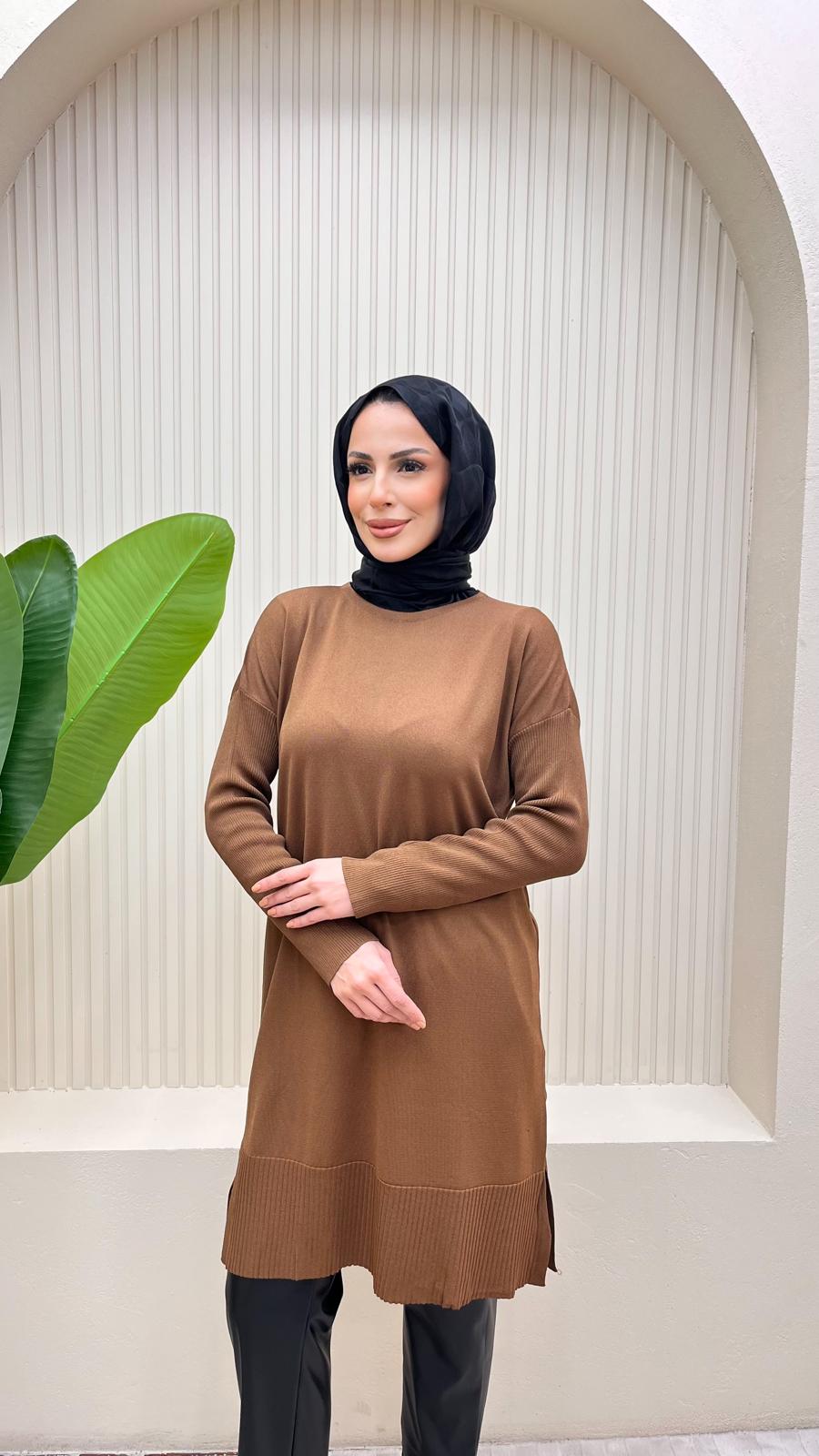 Uzun Merserize Tunik  - Kahverengi