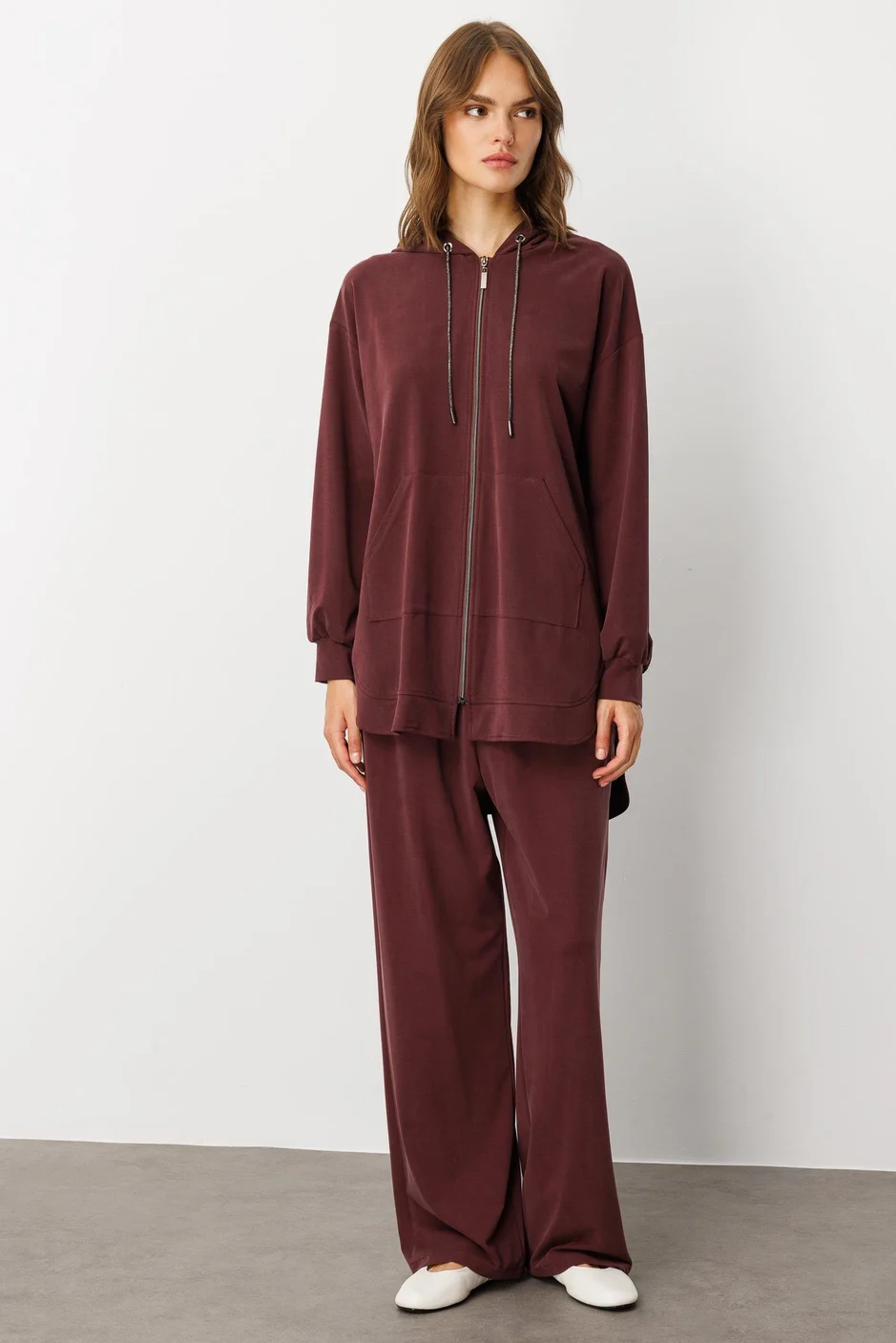 Soft Örme (miccell %55 doğal içerik) Elişi Detaylı Pantalon Kombin Takım - BORDO