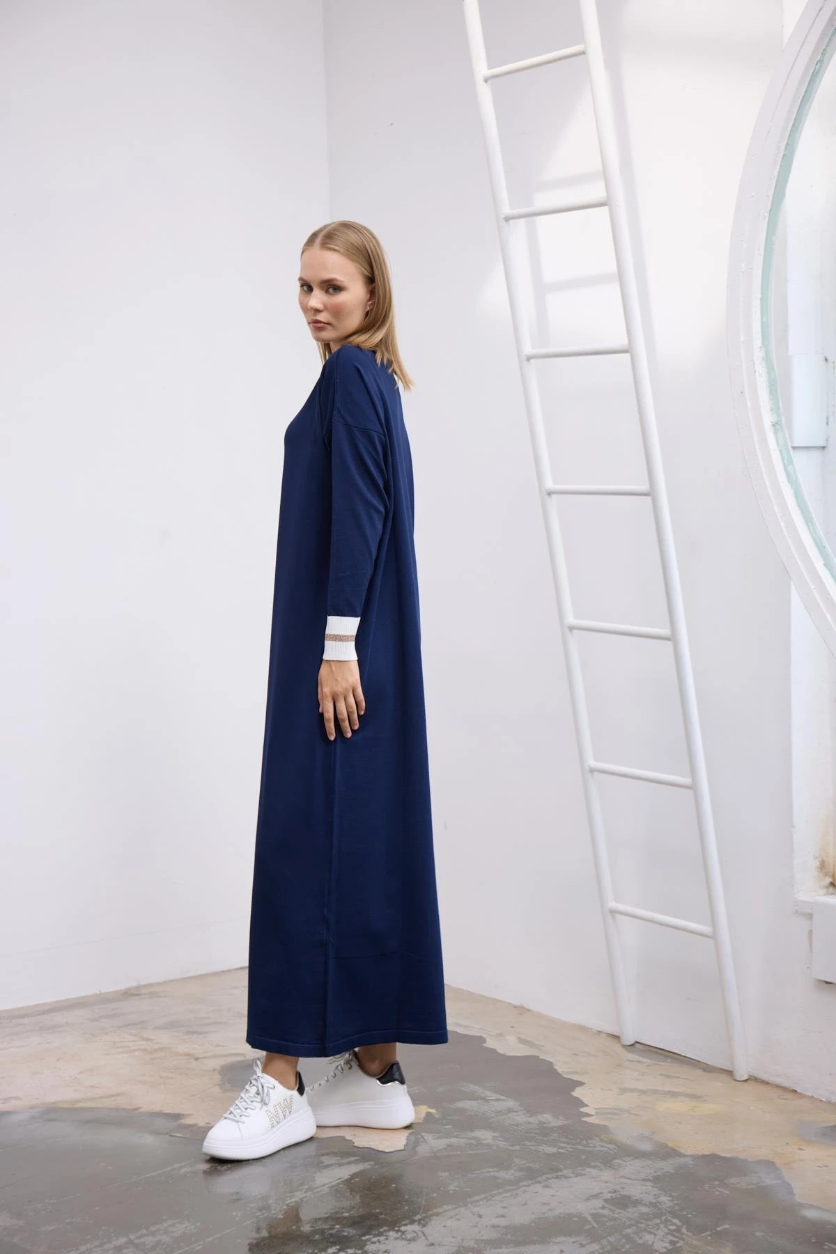 Ribanalı Triko Elbise Koyu Lacivert