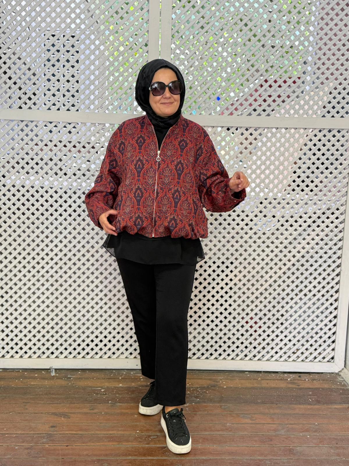 Etnik Desen Bomber Çeket - BORDO