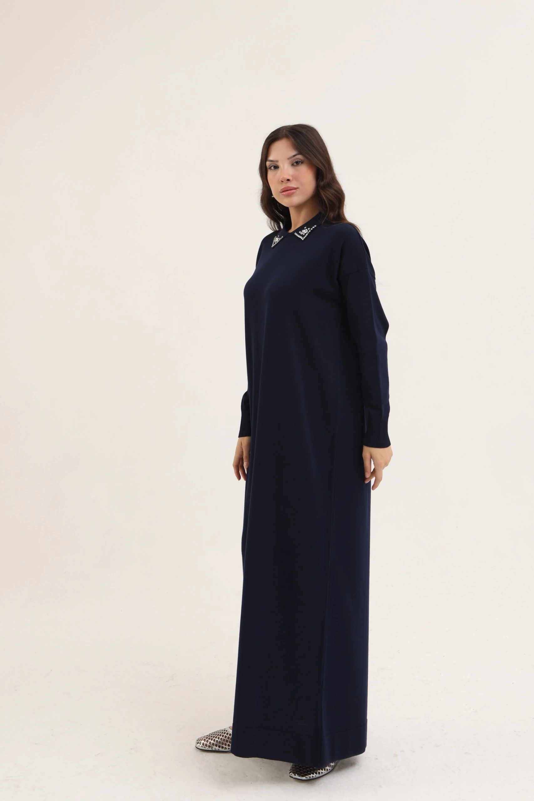 Taş yaka merserize elbise - lacivert