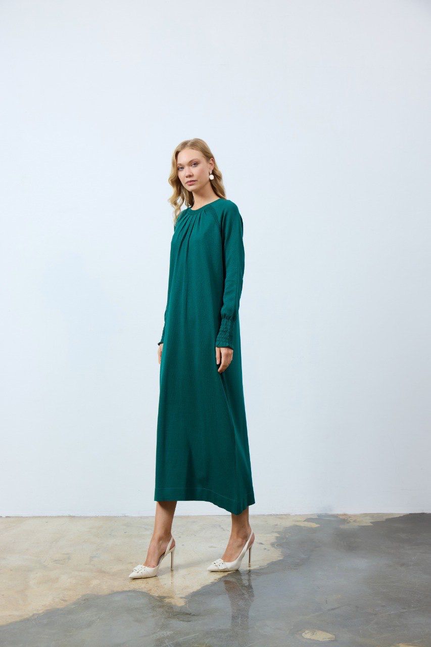 Büzgü Merserize Elbise Zümrüt