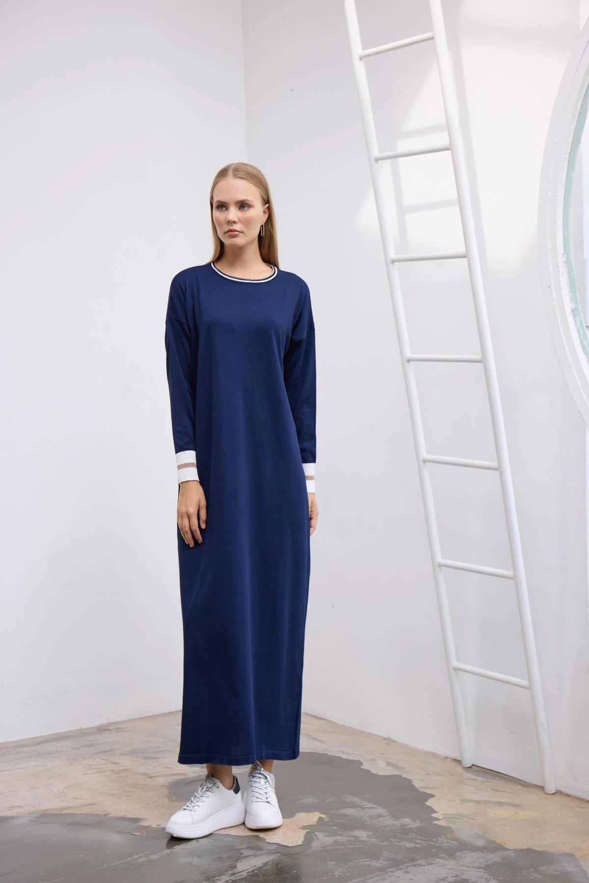 Ribanalı Triko Elbise Koyu Lacivert