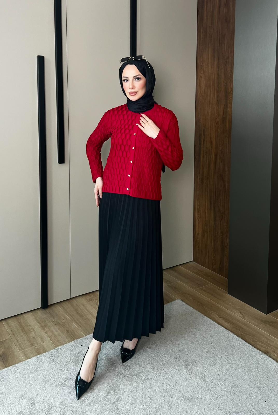 Bisiklet Yaka Hırka - KIRMIZI