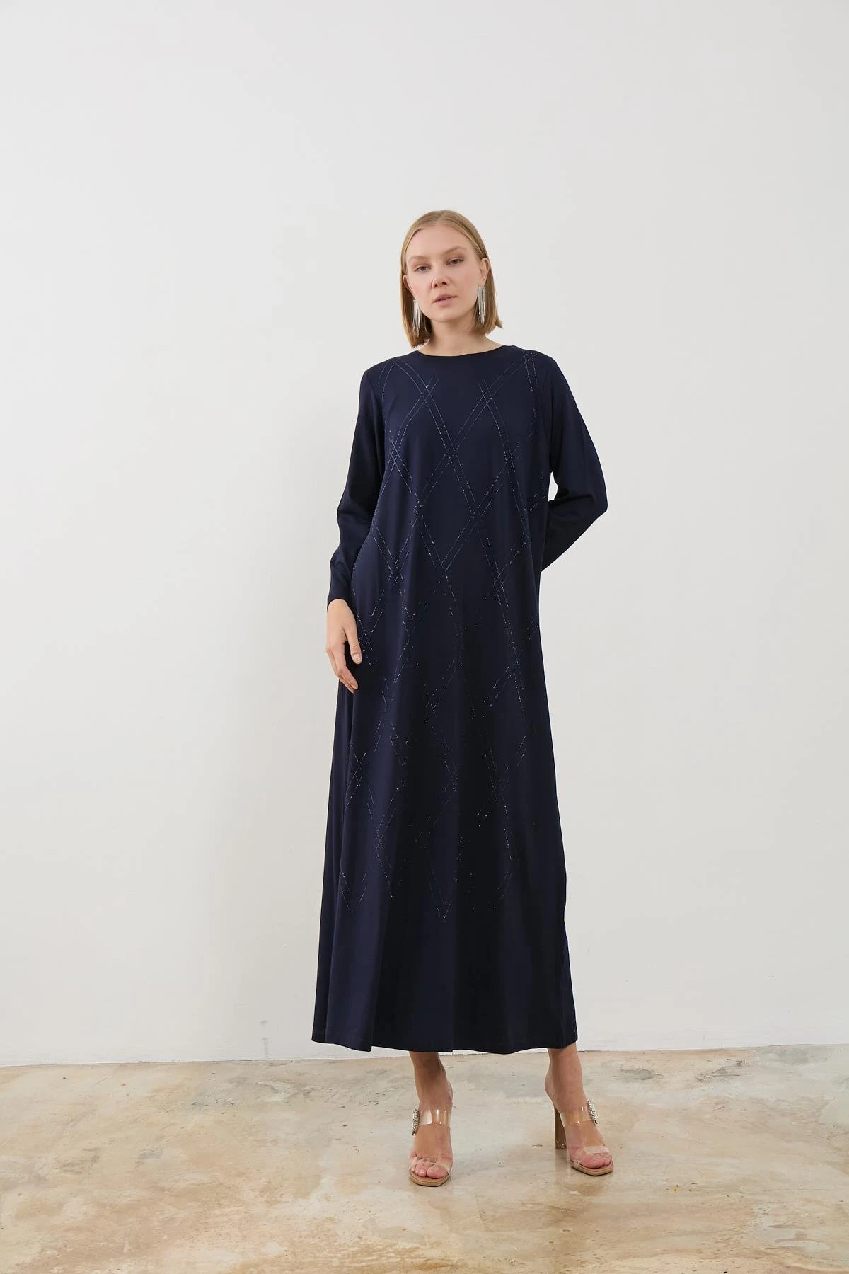 Lena Baklava Desen Elbise-Lacivert