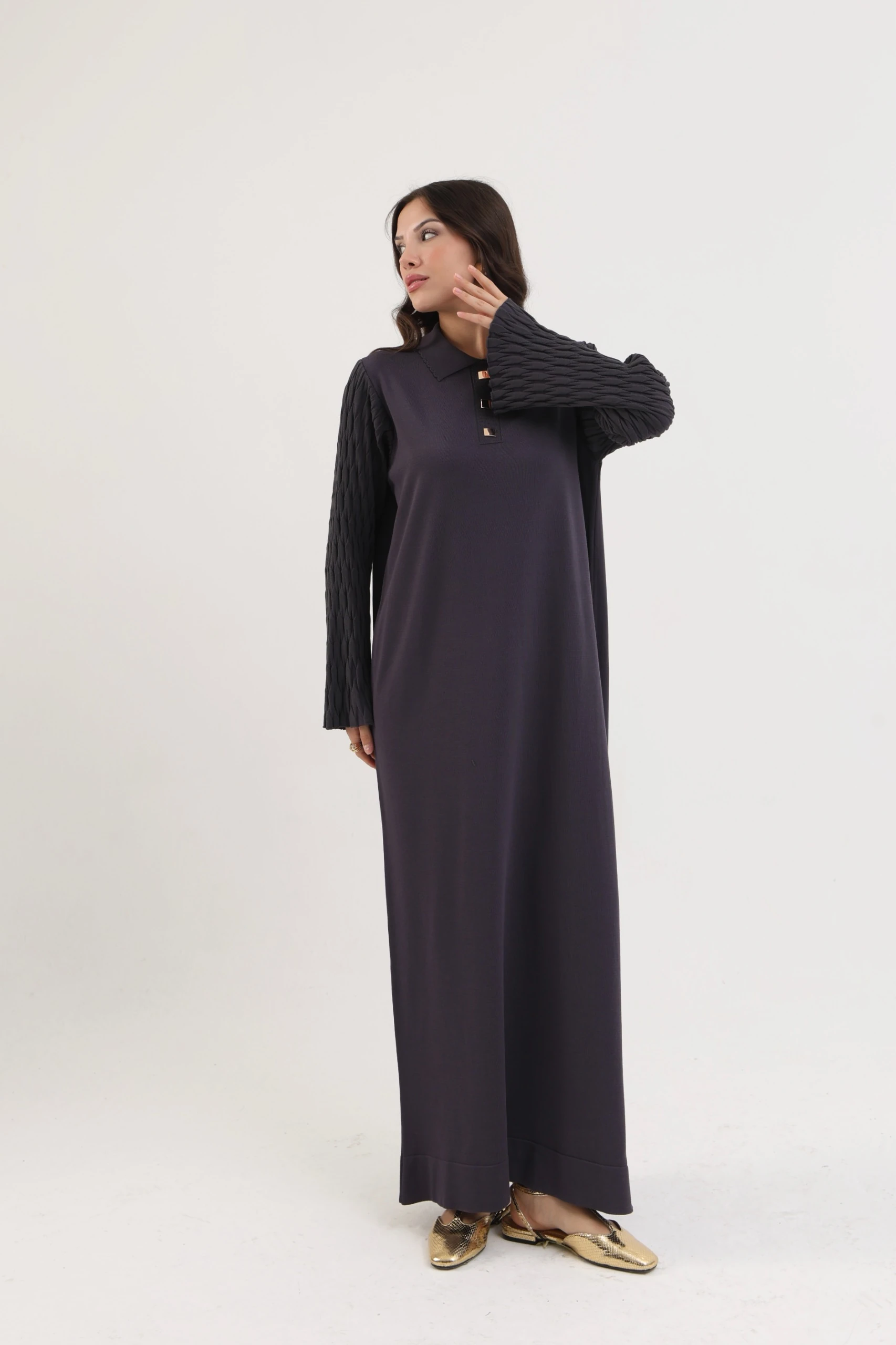 Örme Kol Polo Yaka  Merserize Elbise - ANTRASİT