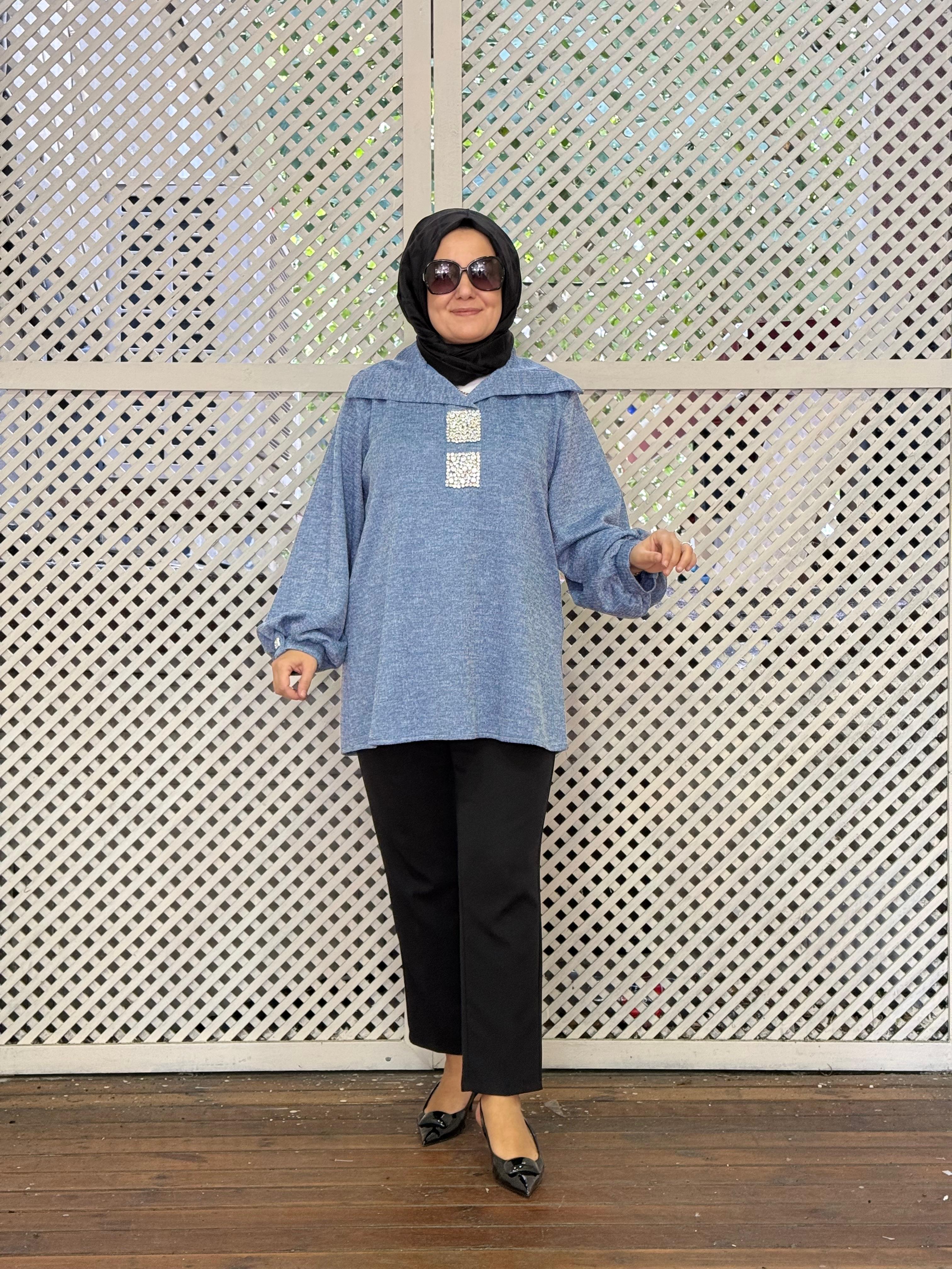 Blok Taş Detaylı Tunik - MAVI