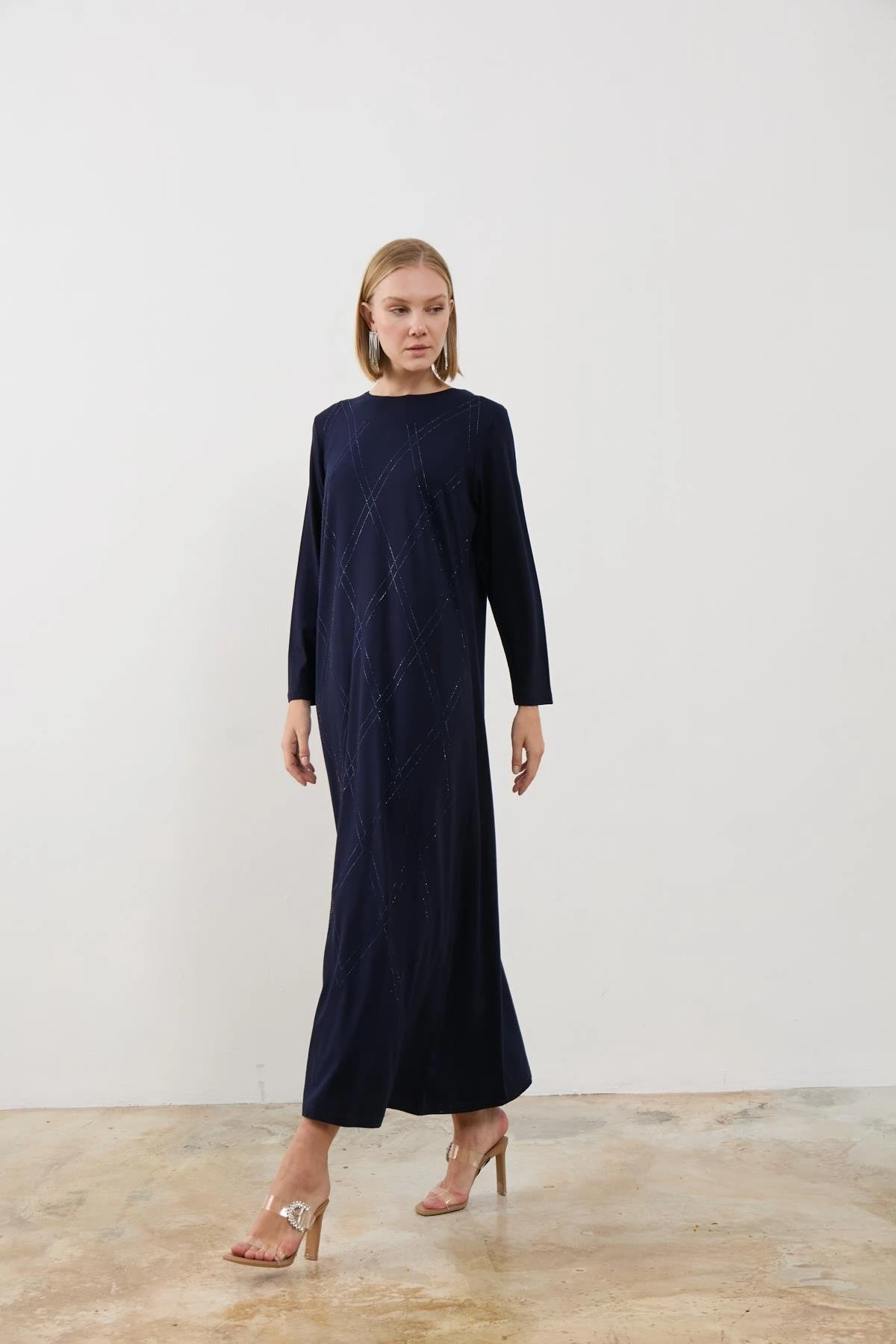 Lena Baklava Desen Elbise-Lacivert