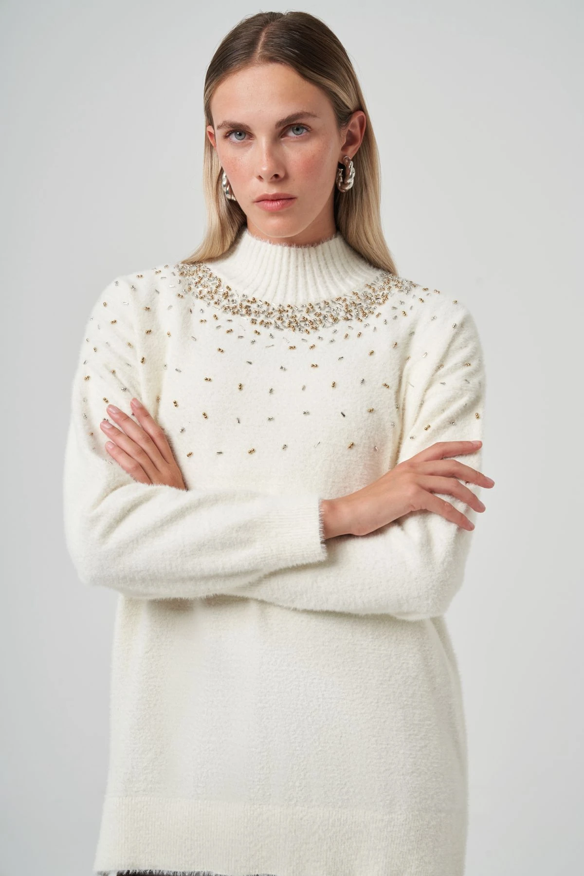 Nuss 7003 Taş Detaylı Angora Kazak - EKRU