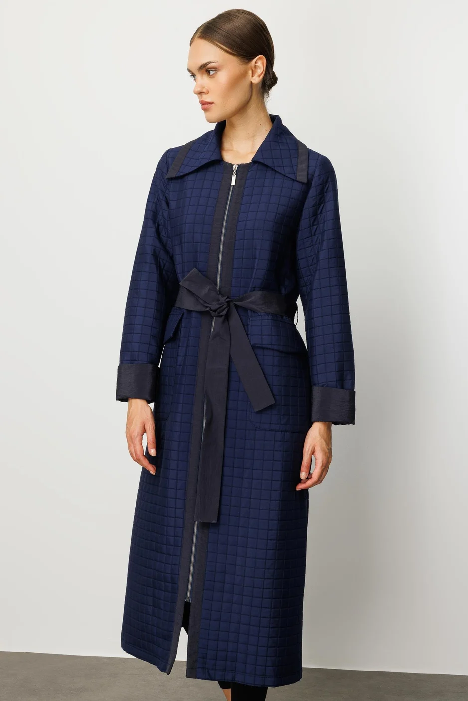 Jakar Kapitone ve Düz Garni Kumaşlı İçi Komple Astarlı Trench Kap - lacivert