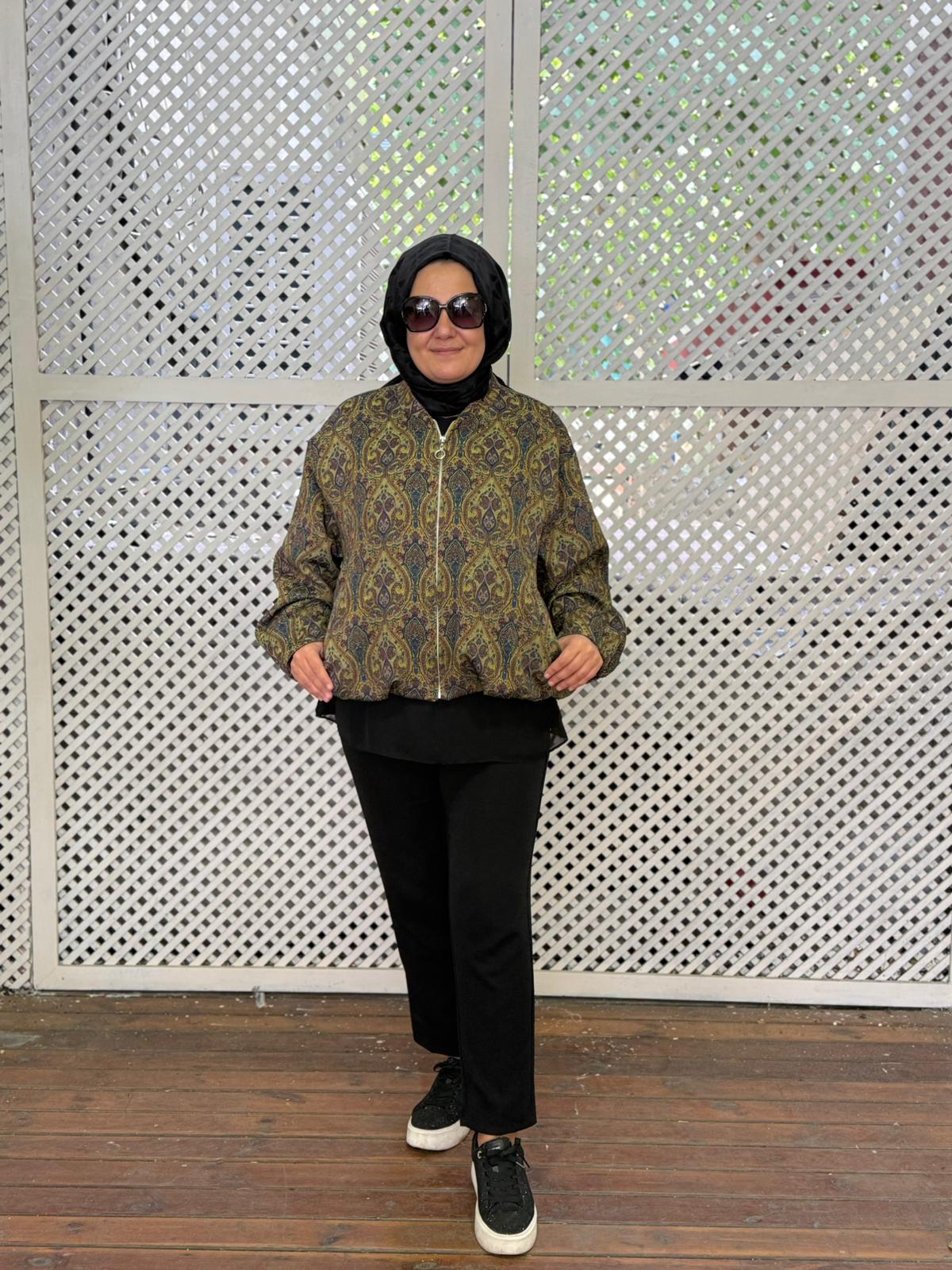 Etnik Desen Bomber Çeket - YAĞ YEŞİLİ