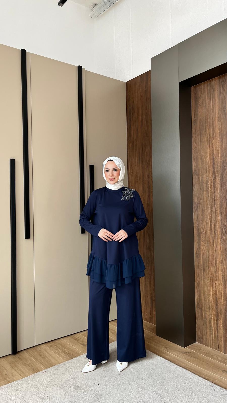 TÜL DETAYLI İŞLEMELİ TAKIM - lacivert