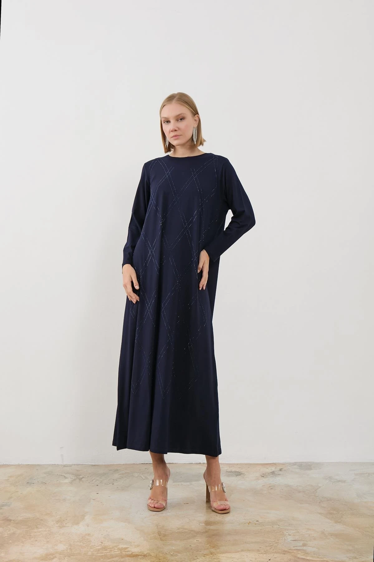 Lena Baklava Desen Elbise-Lacivert