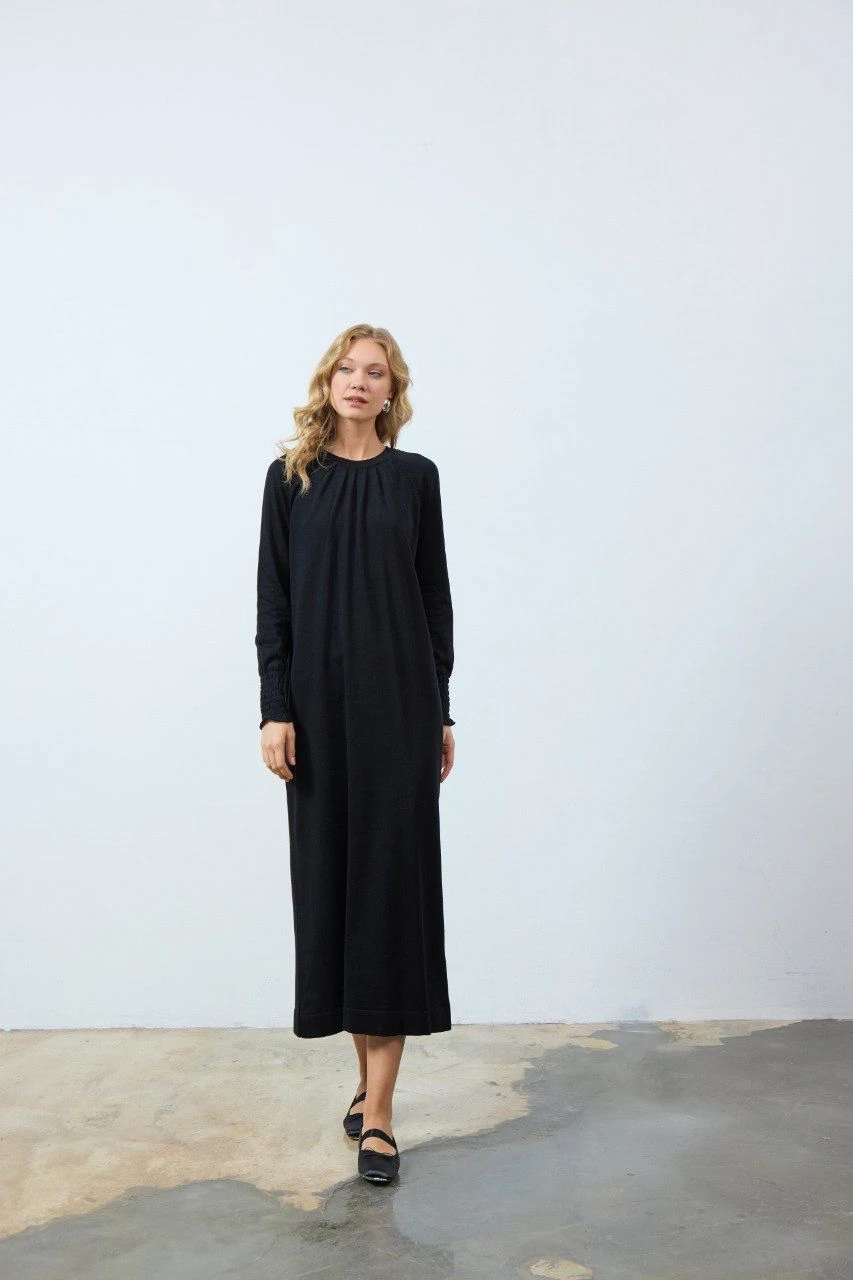 Büzgü Merserize Elbise Siyah