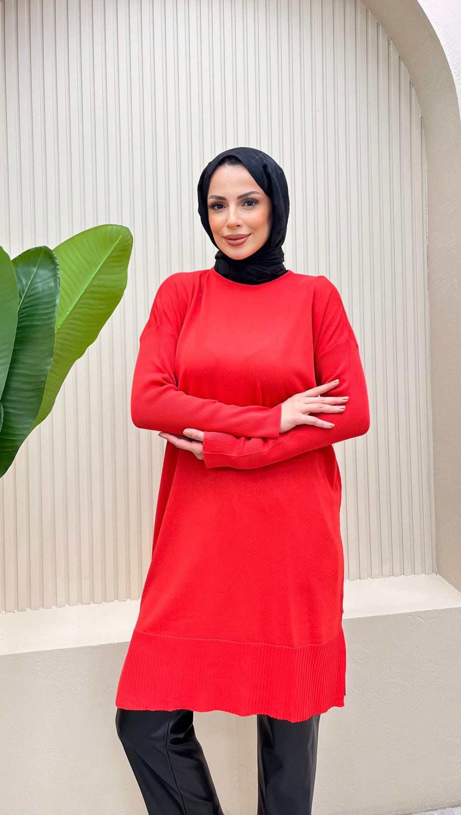 Uzun Merserize Tunik  - KIRMIZI