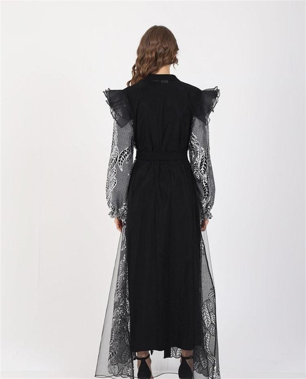 Pullu Yapraklı Abaya Siyah