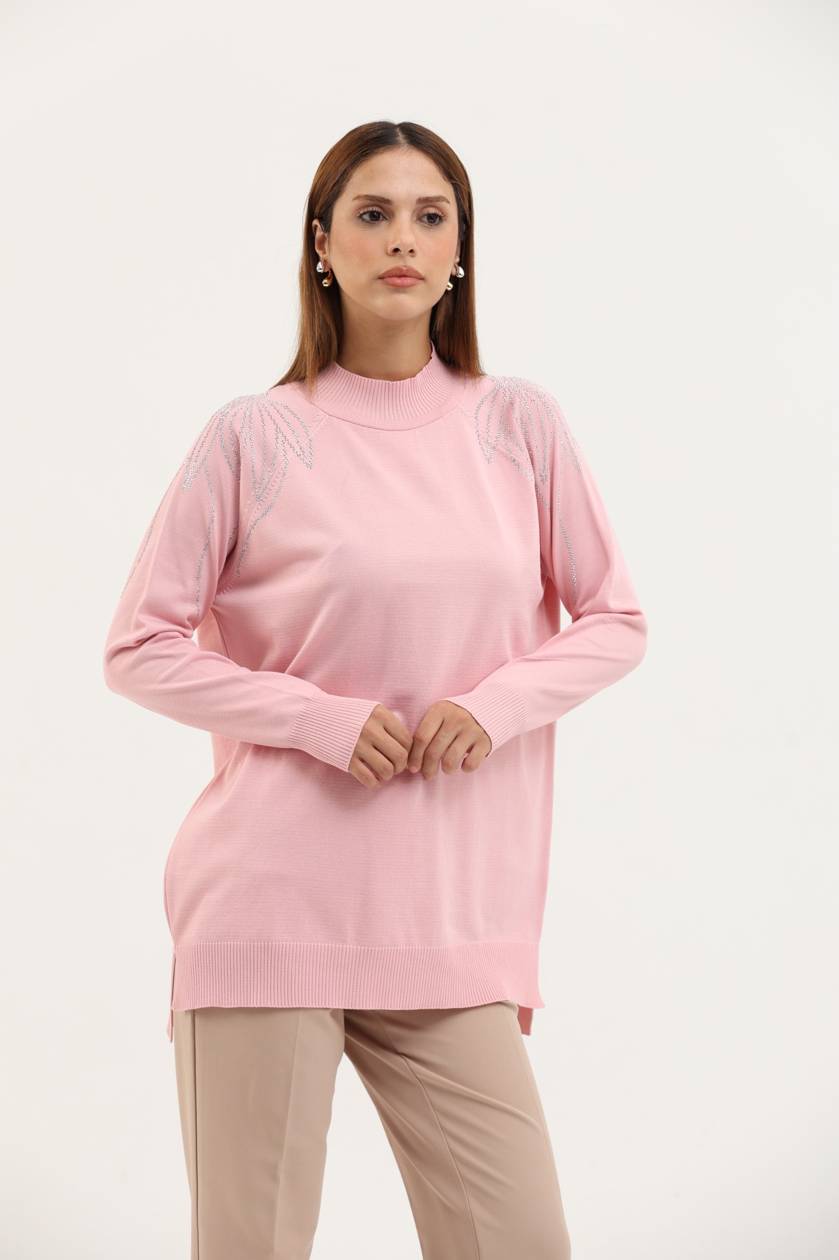 Taş Detaylı Merserize Tunik - PUDRA