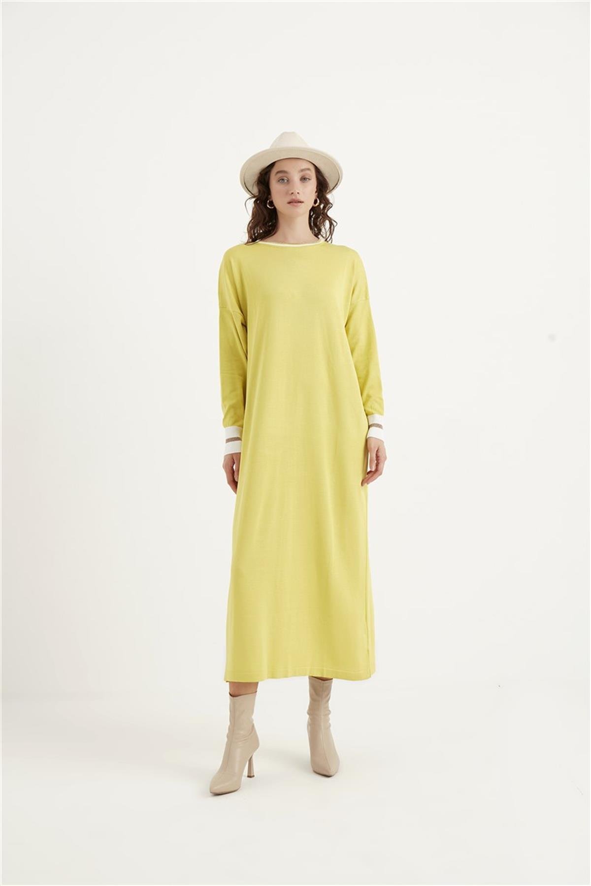 Ribanalı Triko Elbise Yağ Yeşili