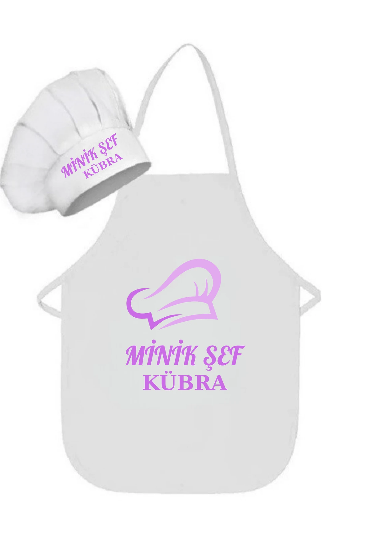Kişiye Özel Tasarlanabilen Çocuk Beden Beyaz Biyeli Mutfak Önlüğü ve Aşçı Şapkası