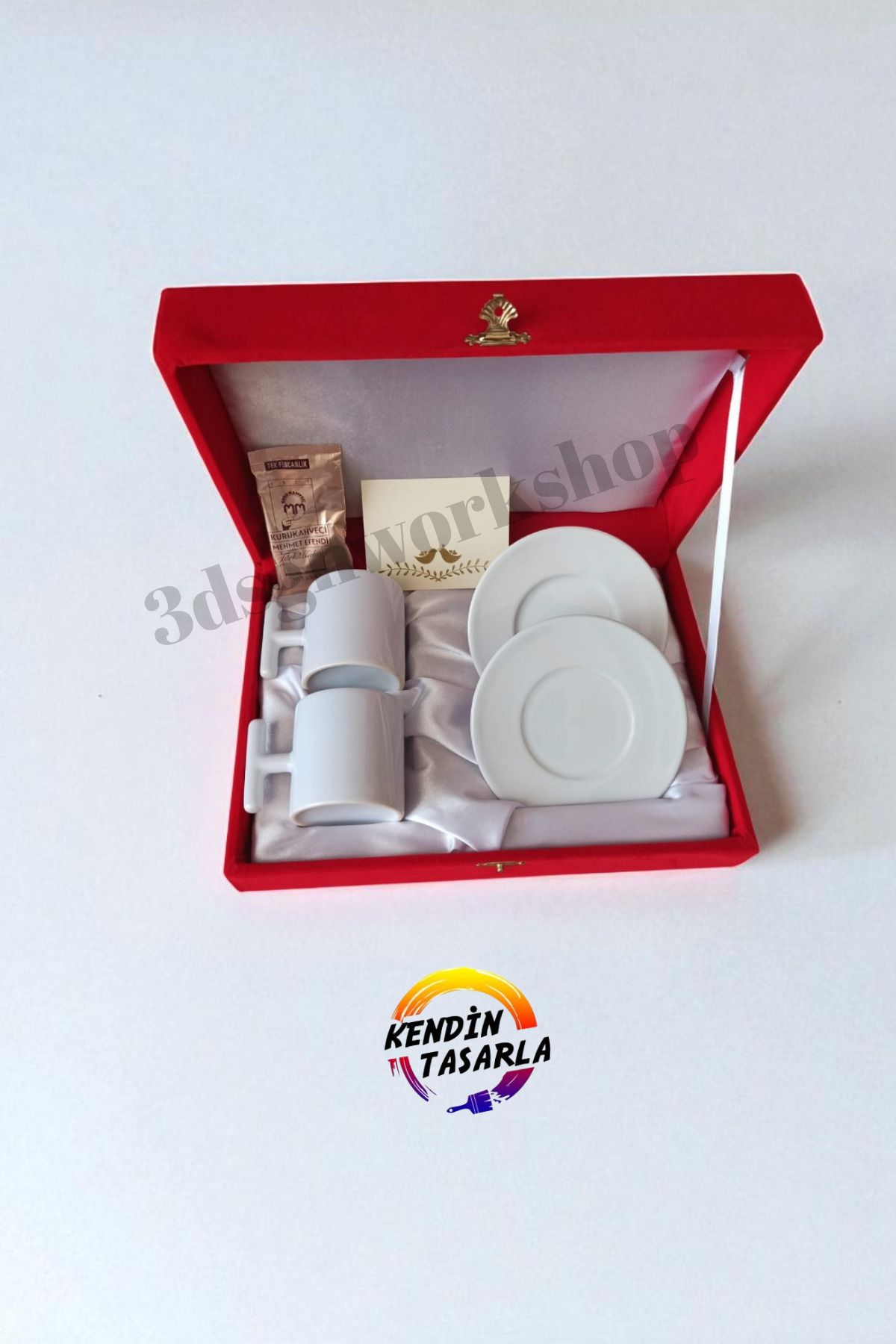 Kişiye Özel Kadife Kutulu Beyaz T Kulp Fincan Takımı 2li (Not Yazılabilir)