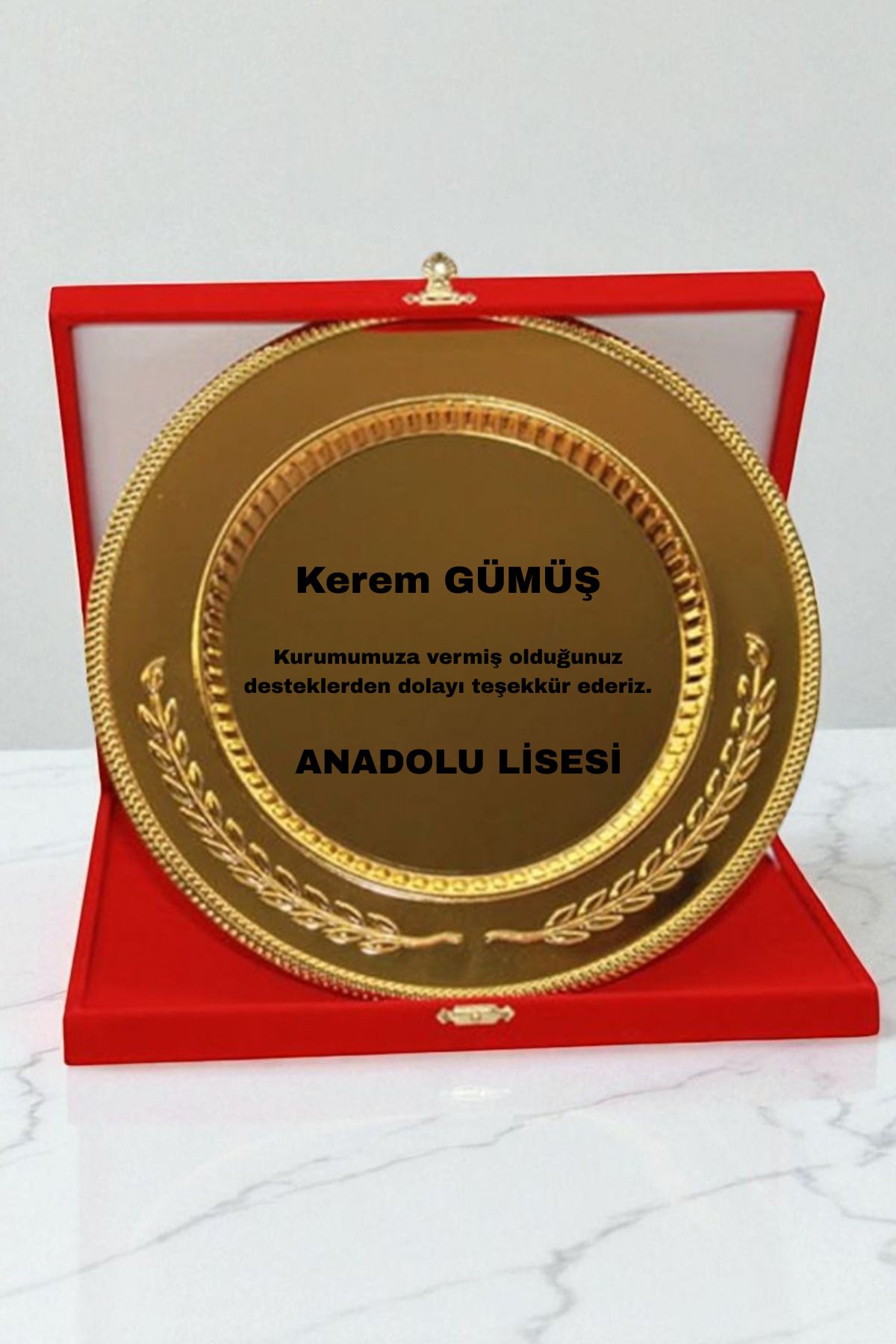 Kişiselleştirilebilir Kadife Kutulu Metal Gold Plaket Tabak - 25cm (Not Yazılabilir)
