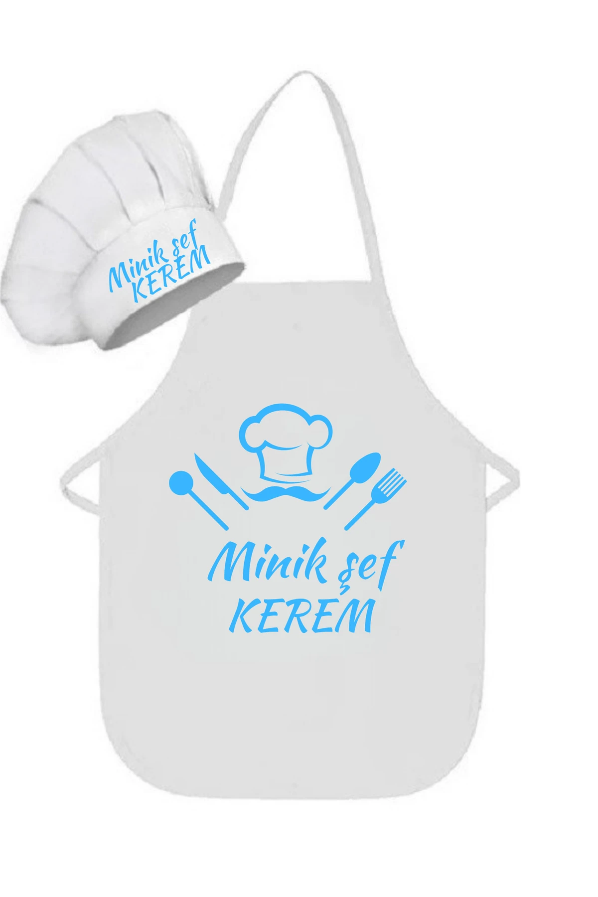 Kişiye Özel Tasarlanabilen Çocuk Beden Beyaz Biyeli Mutfak Önlüğü ve Aşçı Şapkası