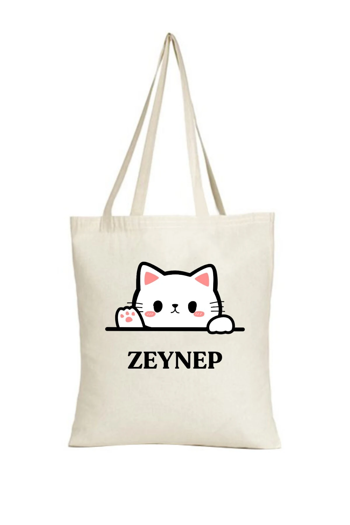 Kişiye Özel Tasarlanabilen Kedi Tasarımlı Keten Askılı Bez Çanta(,Hediye,Paketi Yapılır,Not Yazılır)