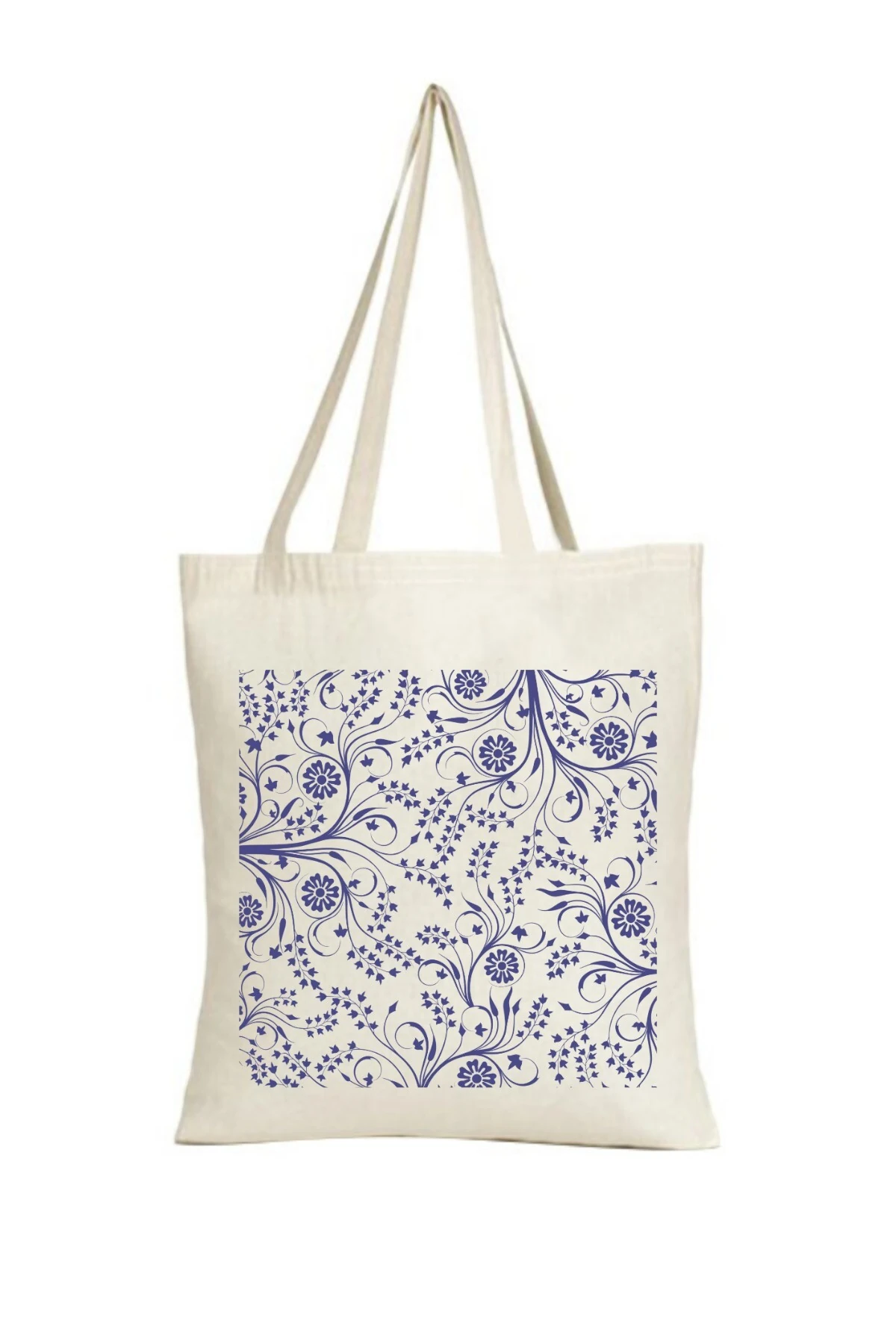 Mavi Çiçek Tasarımlı Keten Askılı Bez Çanta(,Hediye,Paketi Yapılır,Not Yazılır)