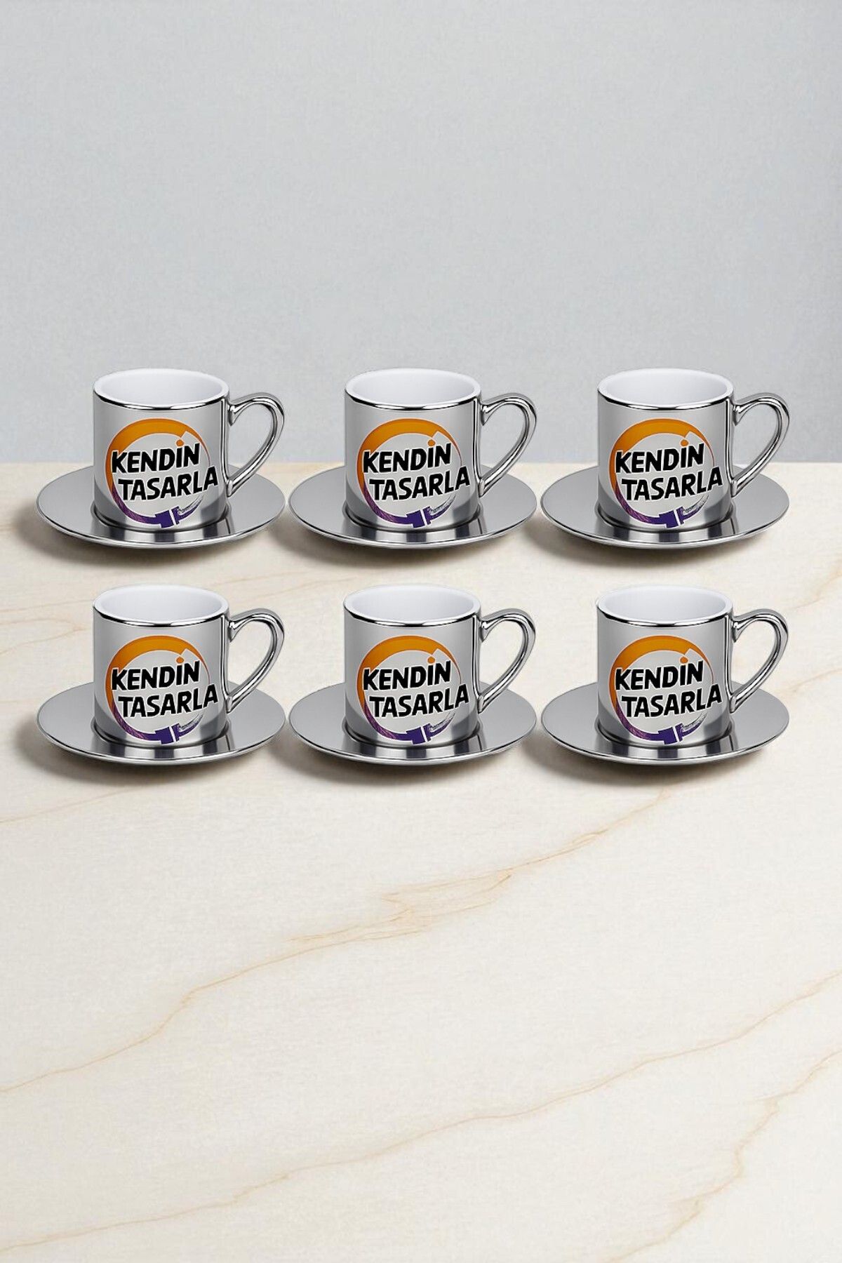KİŞİYE ÖZEL 6 LI GÜMÜŞ RENK KLASİK KULP FİNCAN TAKIMI SET(Premium,Hediye Kutusunda, Not Yazılabilir)