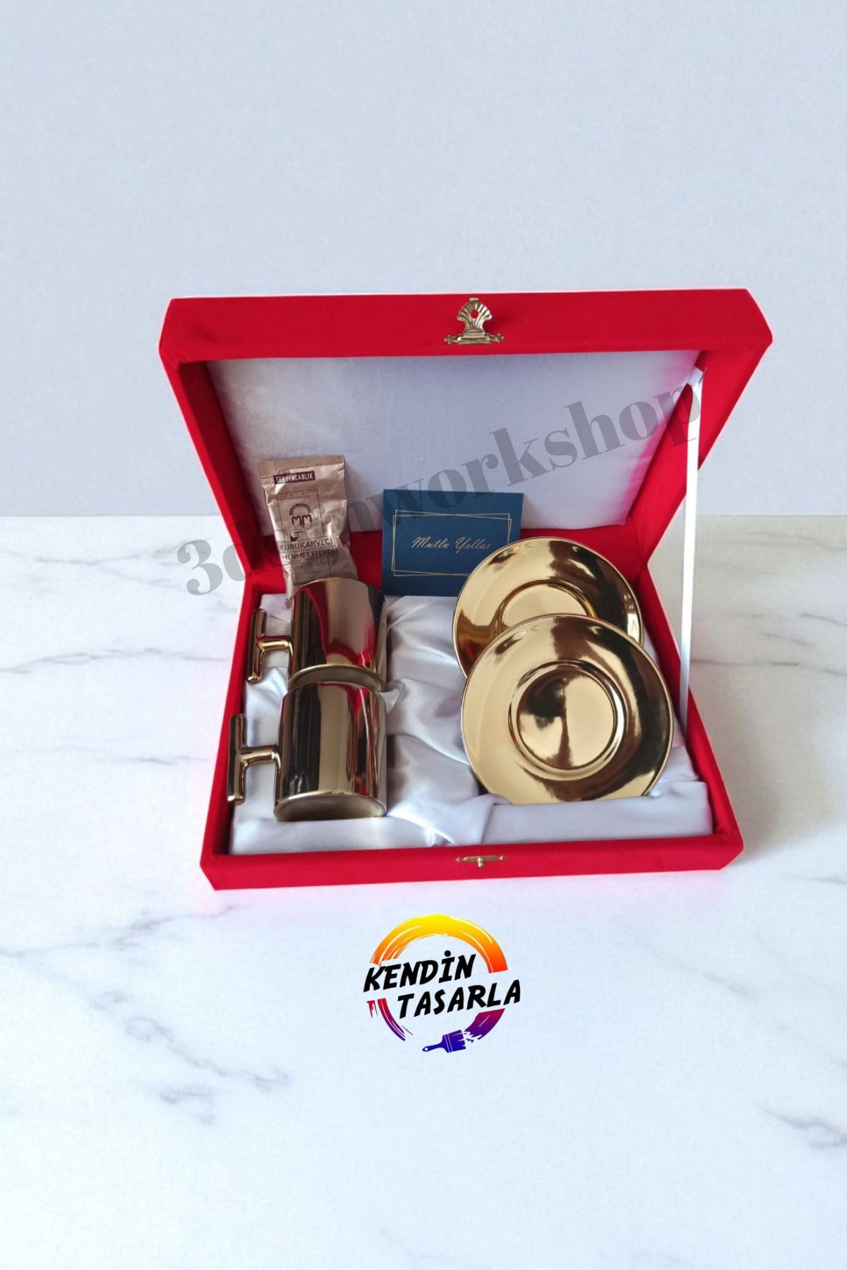 Kişiye Özel Kadife Kutulu Gold Renk T Kulp Fincan Takımı 2li