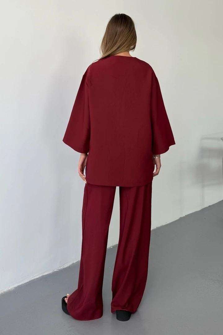 Vena Kadın Cupra Tek Düğme Kimono & Pantolon Bordo Takım – Yazlık Konforlu Şıklık ve Modern Kesim